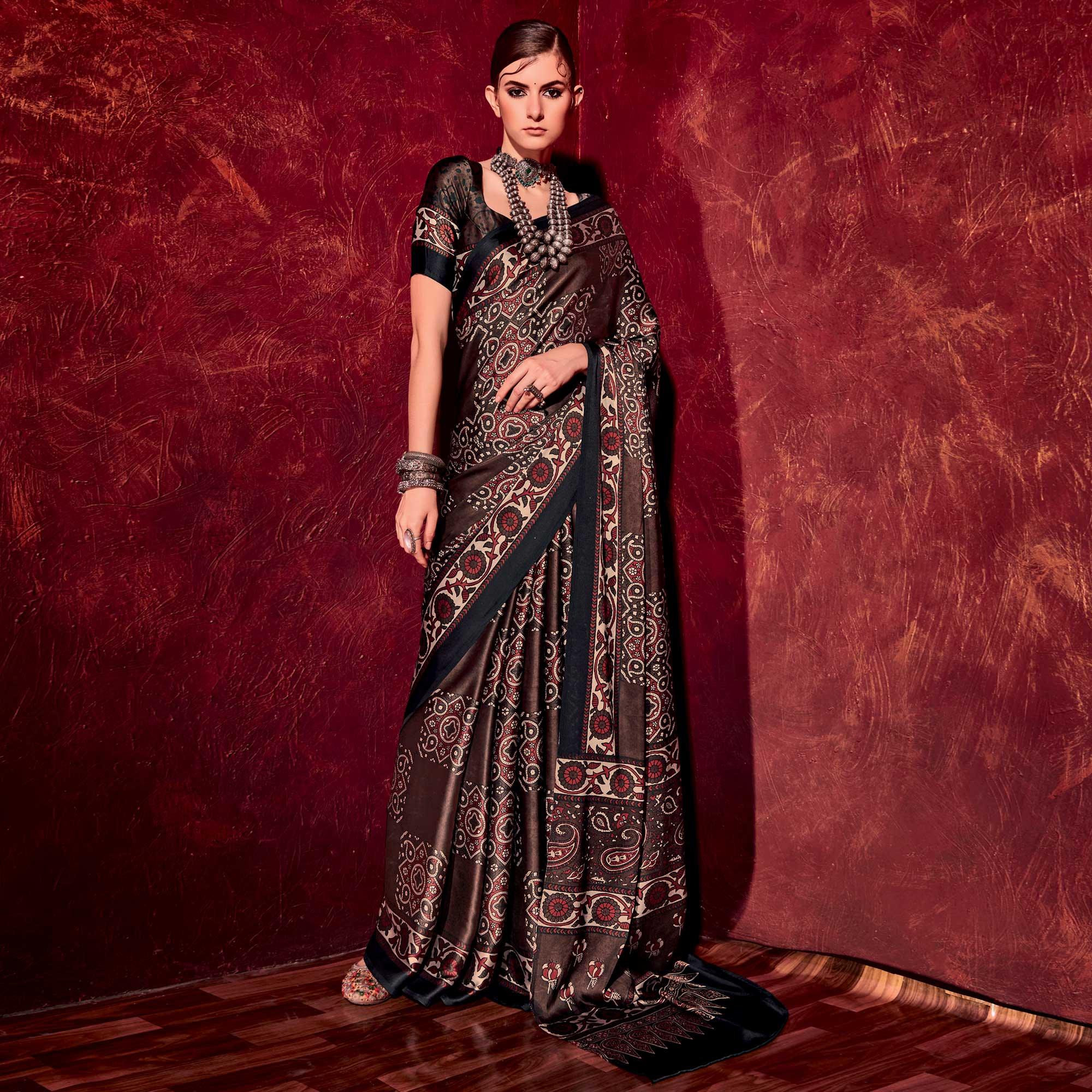 Peachmode Dark Brown Printed Satin Saree – Women's