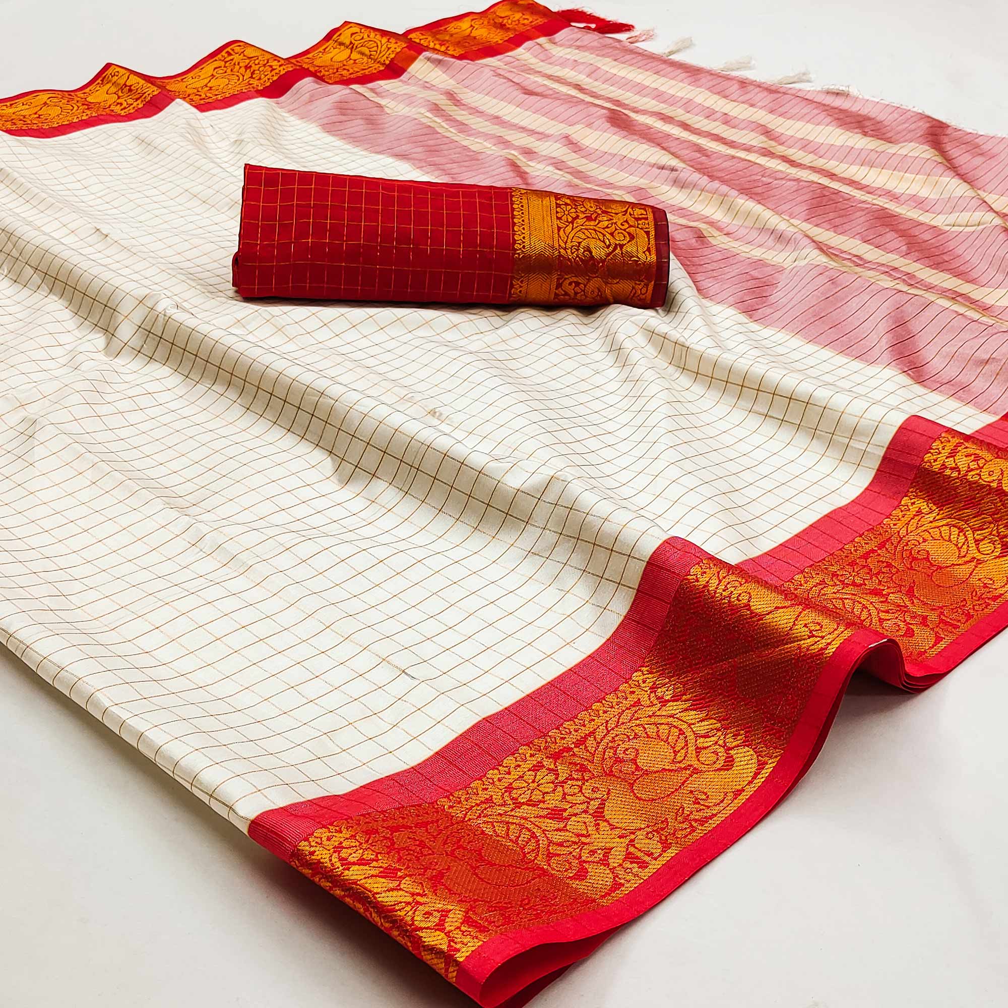 Peachmode Cream And Red Woven Cotton Silk Saree With Tassels