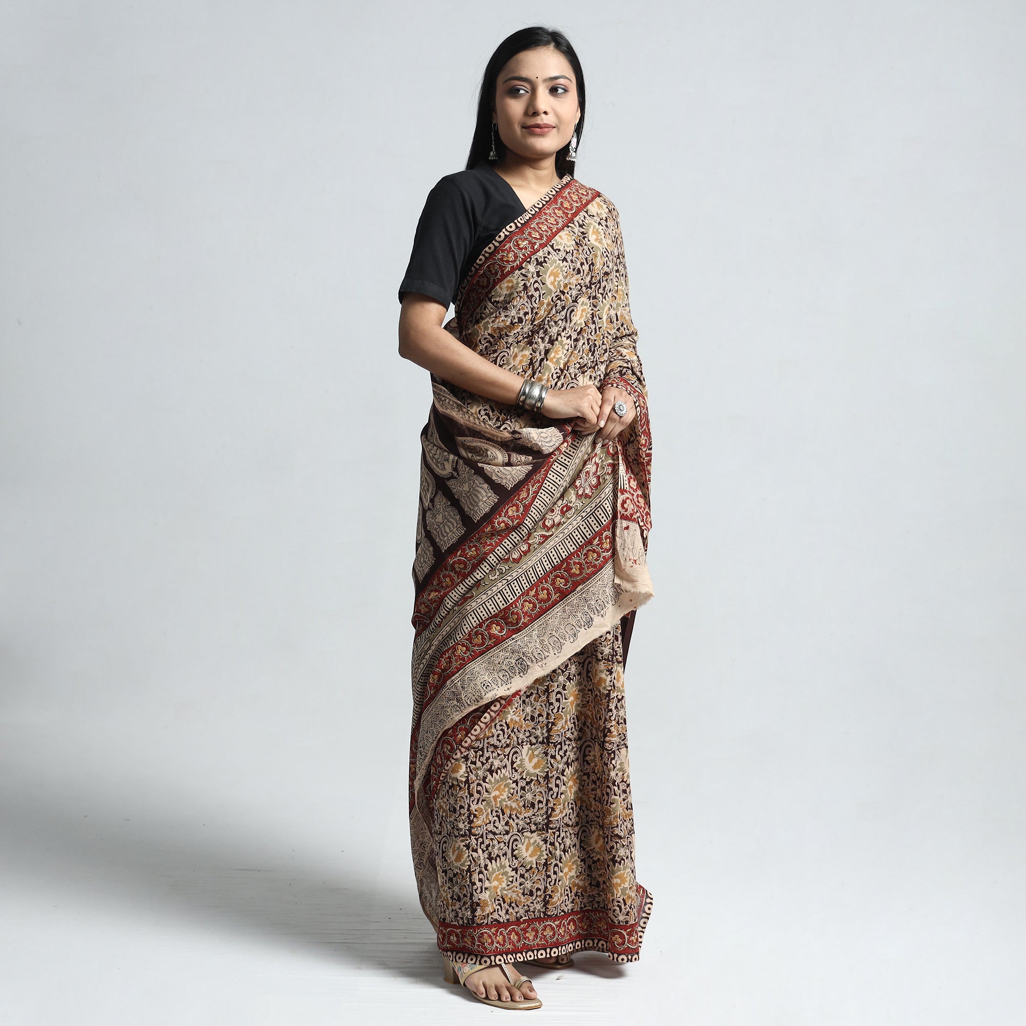 VENKATA BHANU KALAMKARI PEDANA Brown - Pedana Block Print Cotton Kalamkari Saree