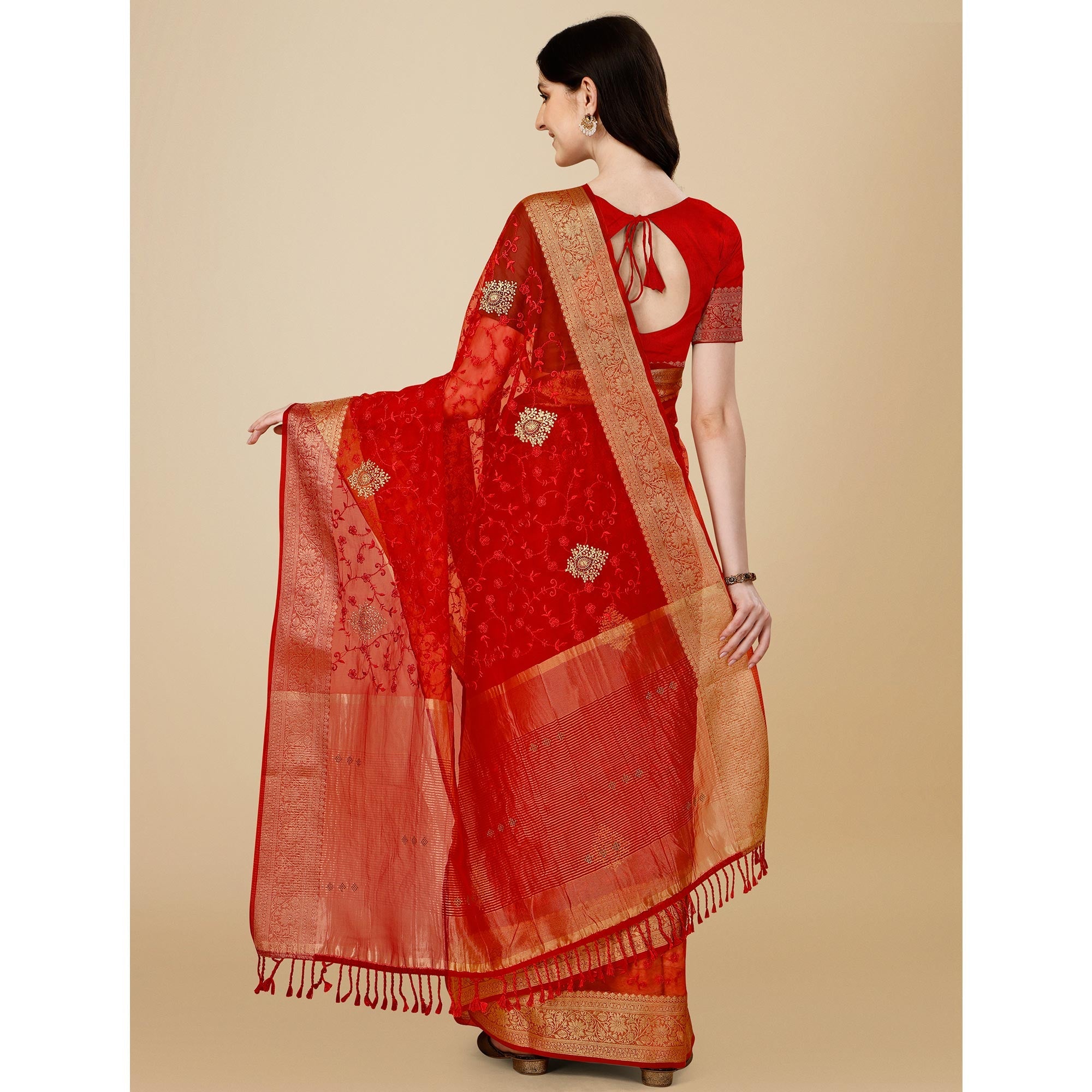 Peachmode Maroon Floral Embroidered Organza Saree - view 5