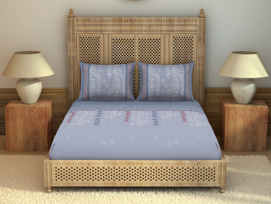 Spaces India Jamdani Ornate Light Grey 100% Cotton King Size Bedsheet - Rangana by Spaces