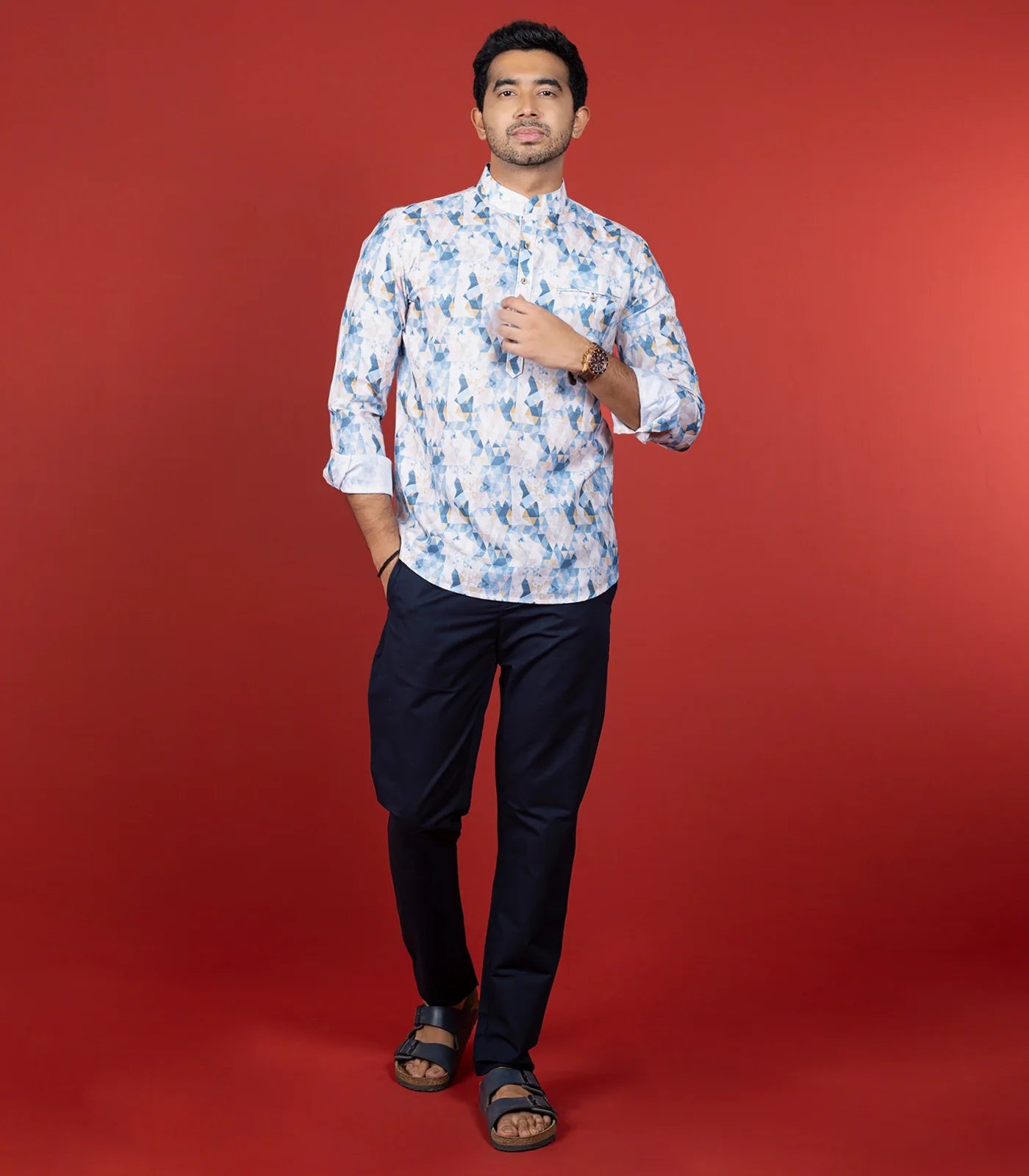 RmKV White Geometric Printed Short Kurta With Mandarin Collar-White