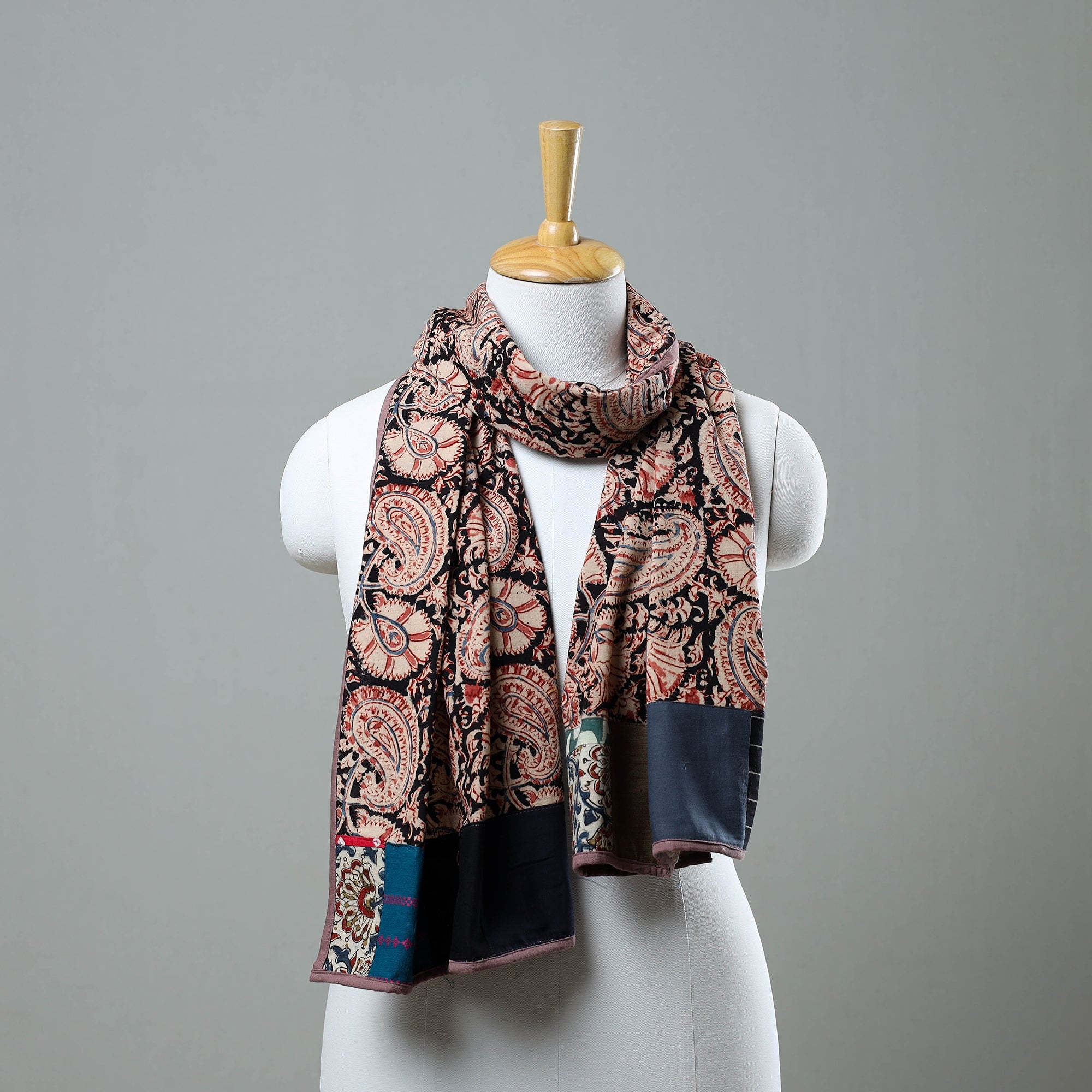 STOLES & SCARVES Black - Block Print Cotton Patchwork Kalamkari Stole 06