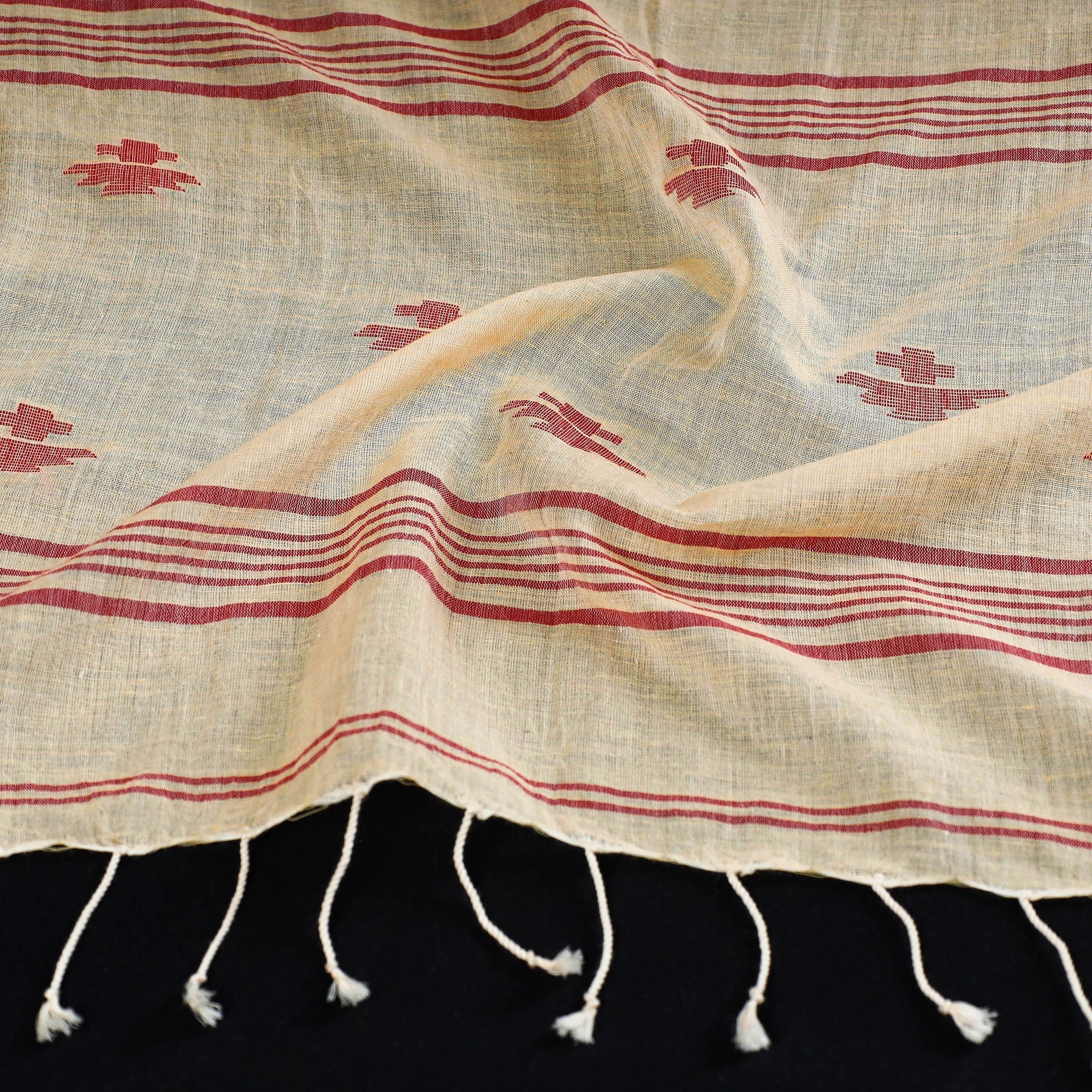 KHUSHBASH - HAPPY LOOM OF EAST Beige - Burdwan Jamdani Buti Handloom Cotton Stole with Tassels - view 2