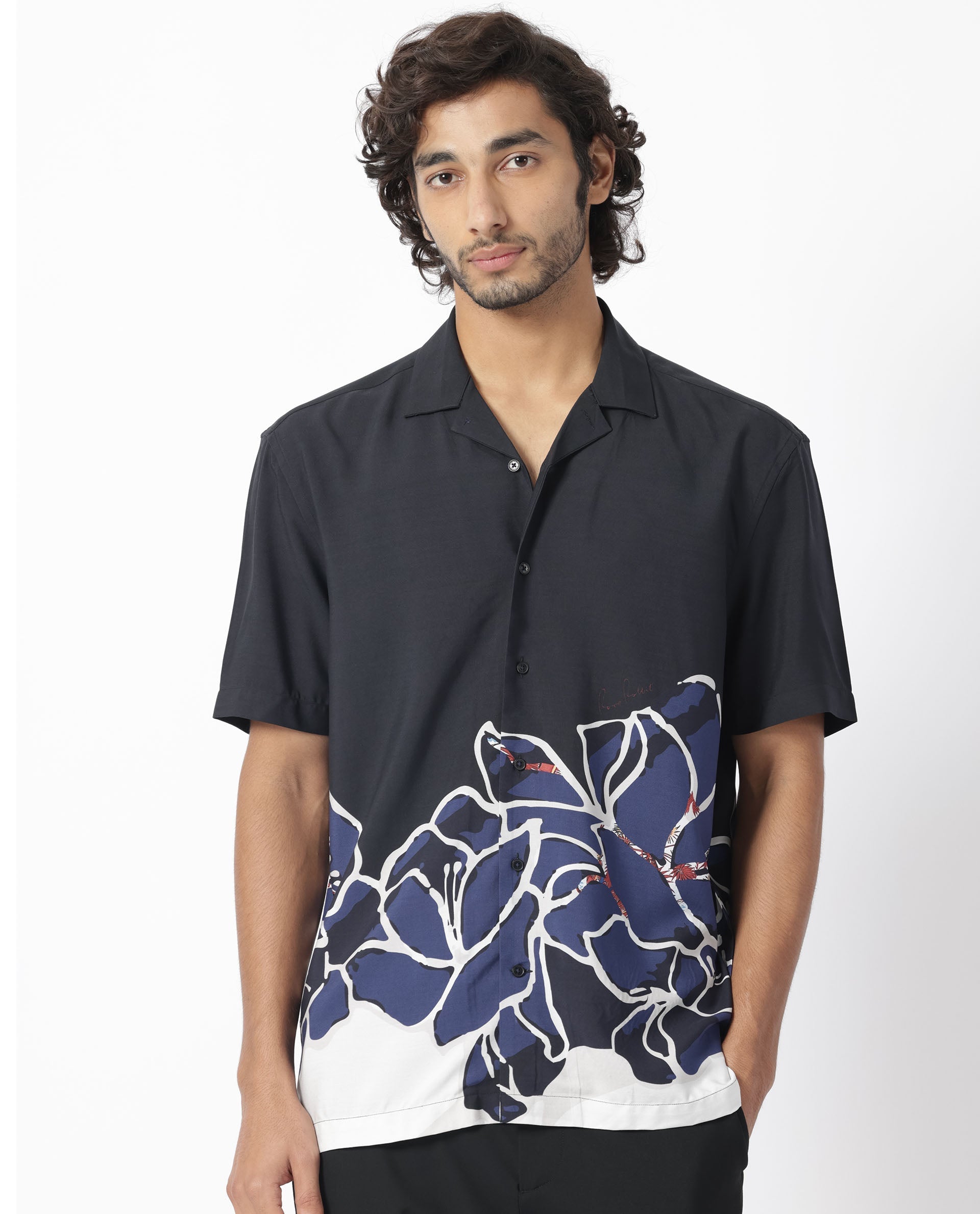 Rare Rabbit Men's Covek Black Viscose Fabric Floral Print Half Sleeves Shirt