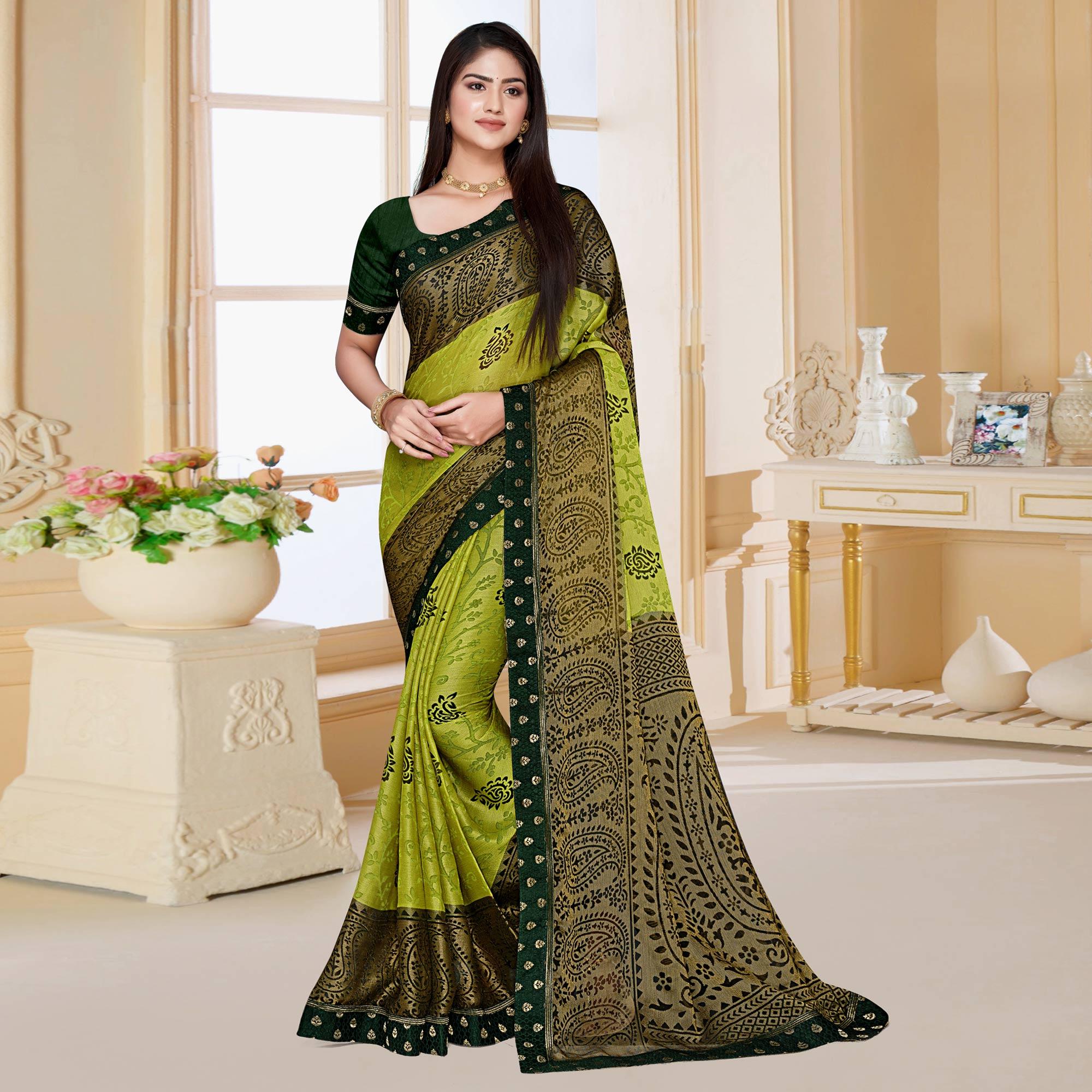 Green sarees – BlackTree green-floral-printed-chiffon-saree – Women's