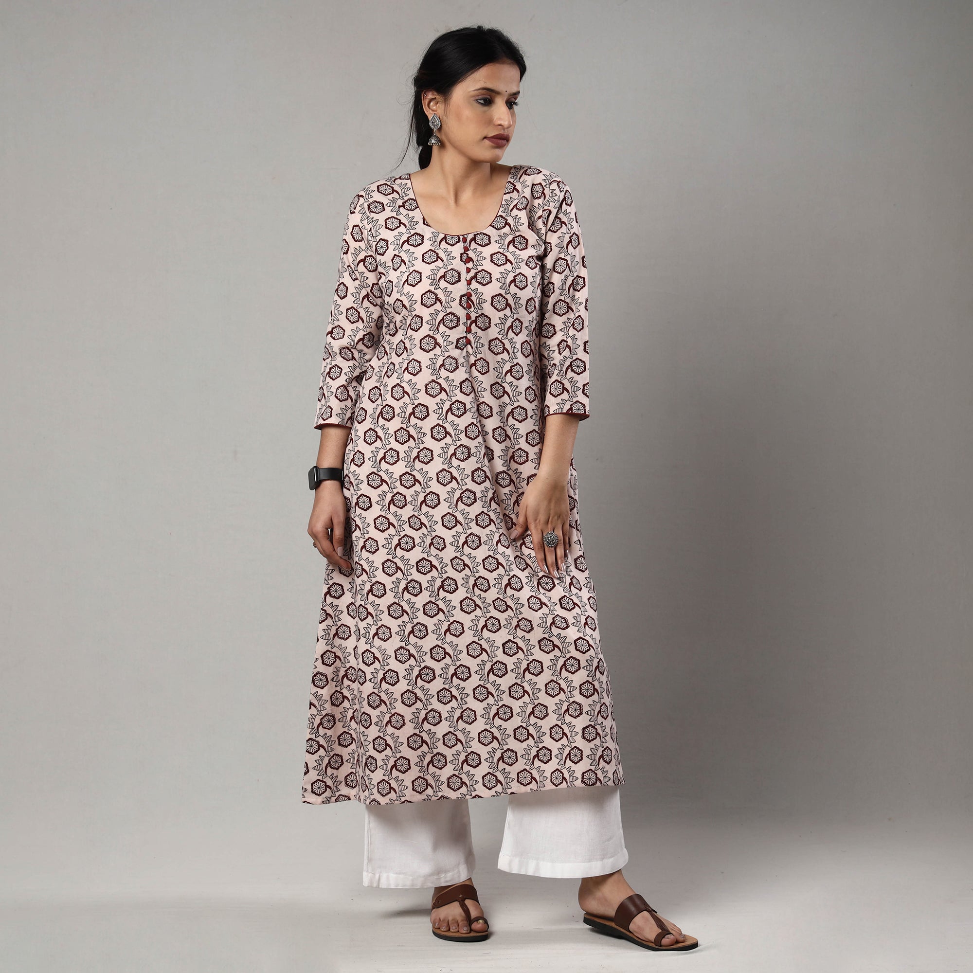 ITOKRI CASUALS Beige - White & Maroon Block Print Cotton A-Line Bagh Kurta - view 3