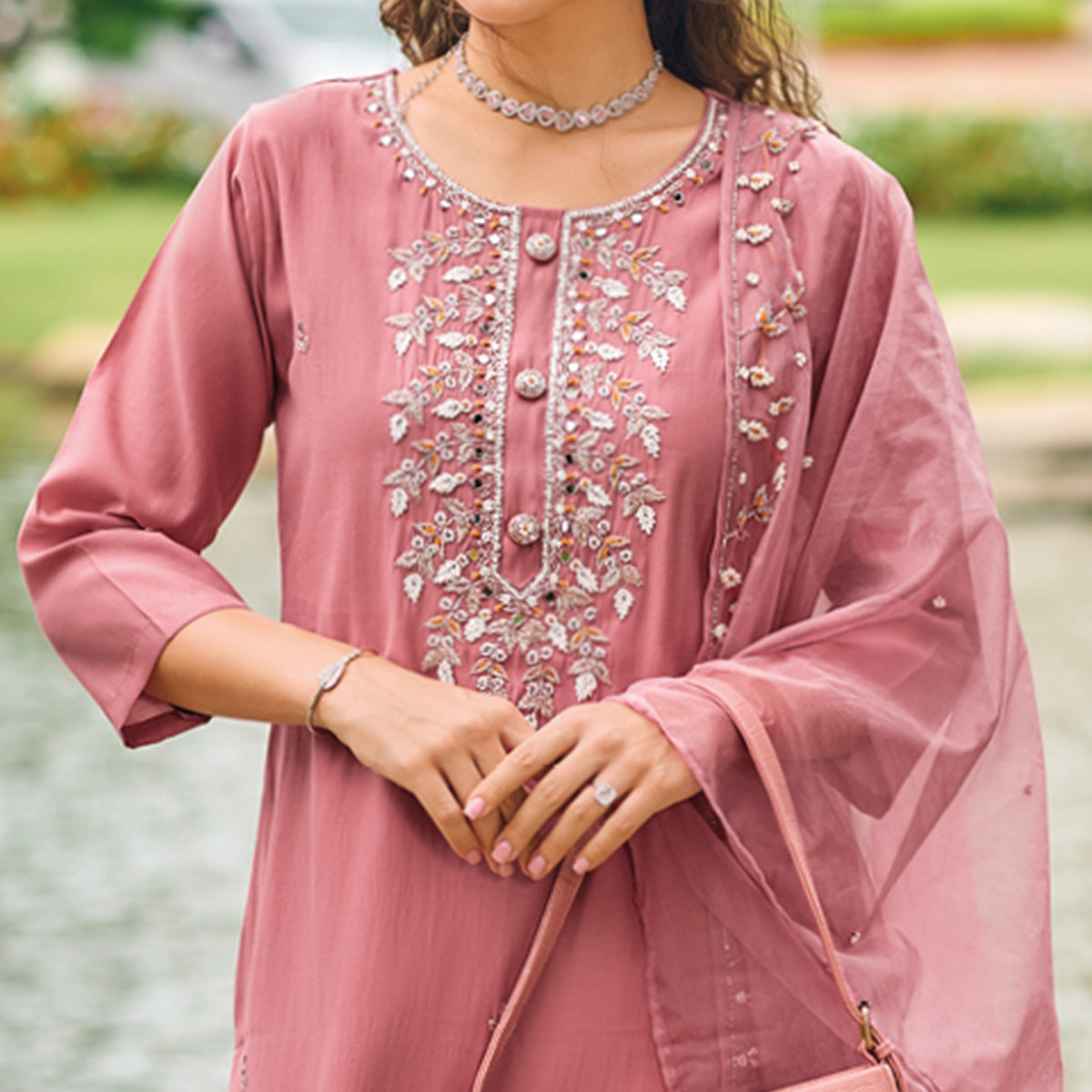 Peachmode Seller Mauve Floral Embroidered Cotton Silk Suit - view 2