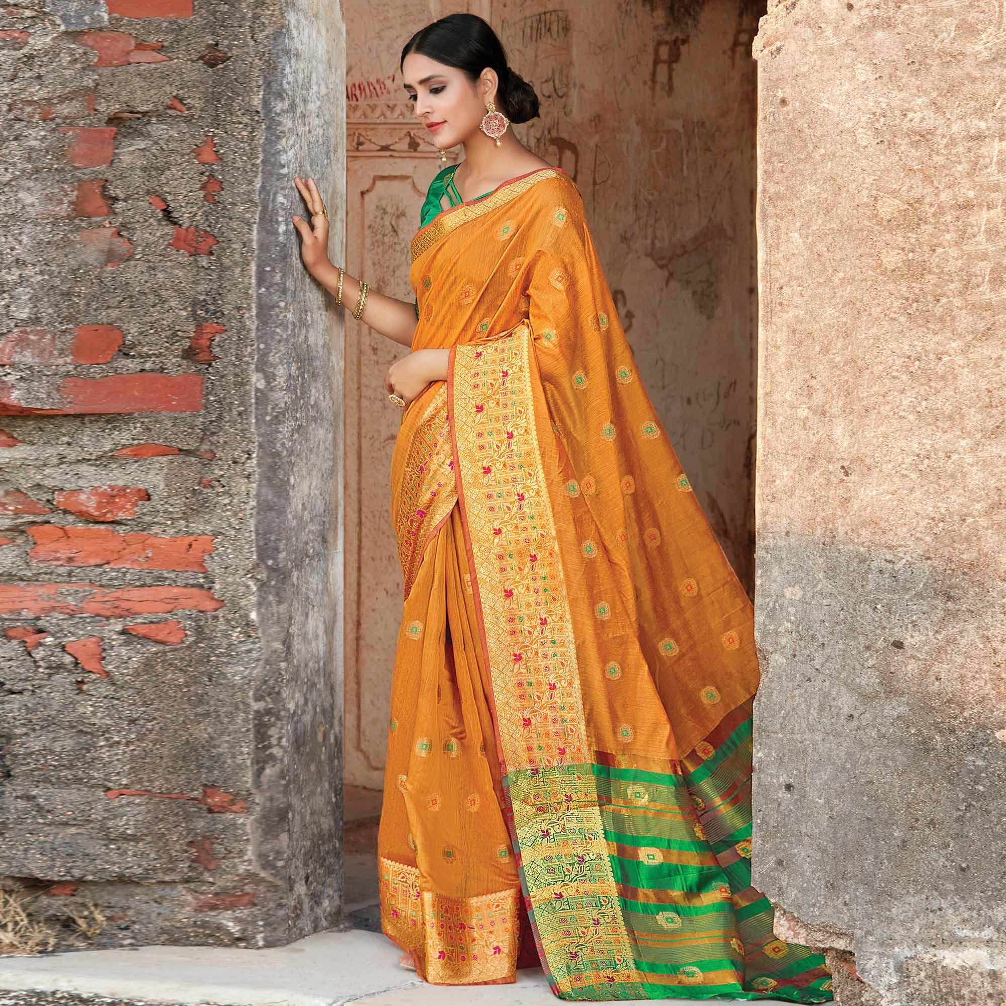 Peachmode Flirty Orange Colored Festive Wear Woven Cotton Handloom Saree