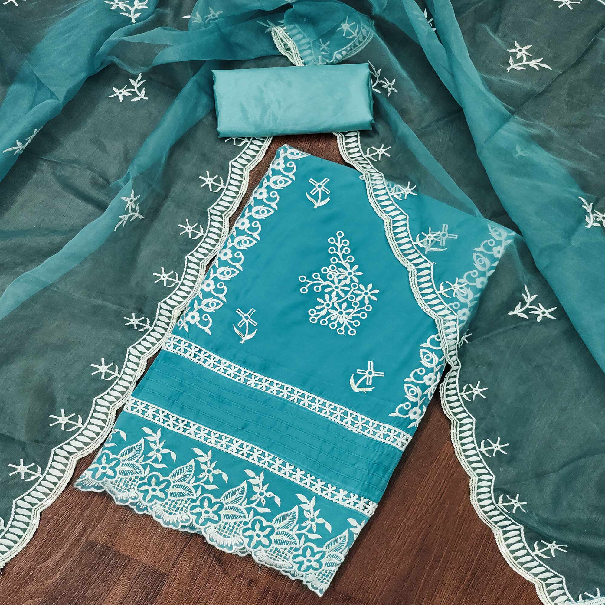 Peachmode Blue Floral Sequins Embroidered Organza Dress Material