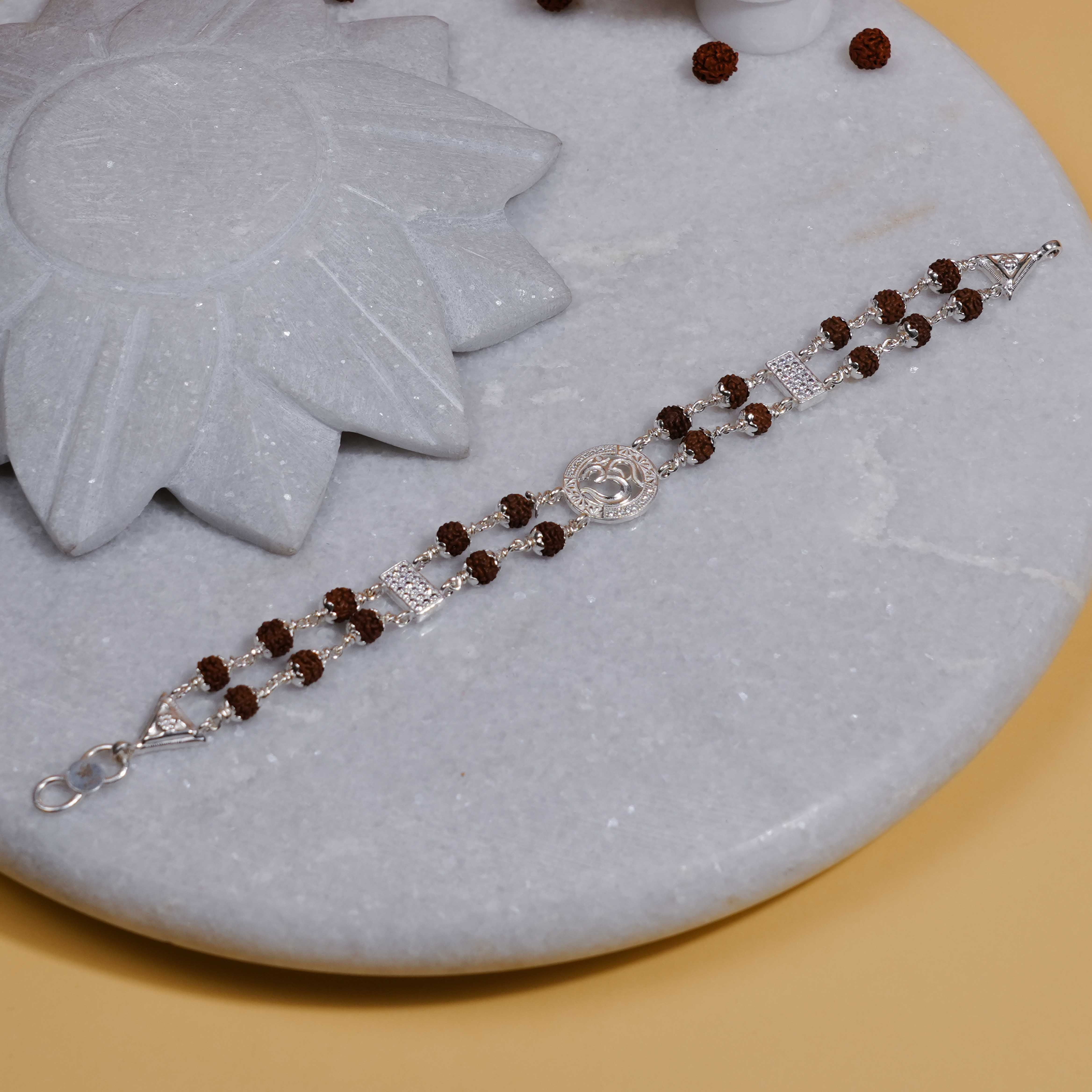 Prinjal Jewellers Silver Rakhi with Original Rudraksha, Central Om in Circular Sphere, Double Line Design for Men - view 4