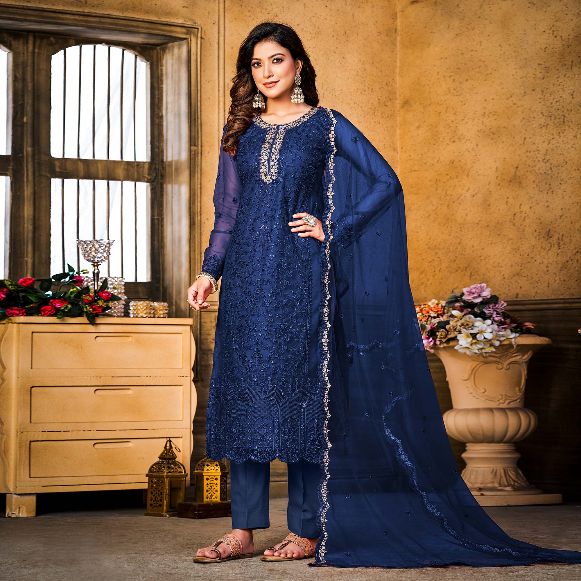 Peachmode Blue Sequins Floral Embroidered Net Semi Stitched Suit - view 2