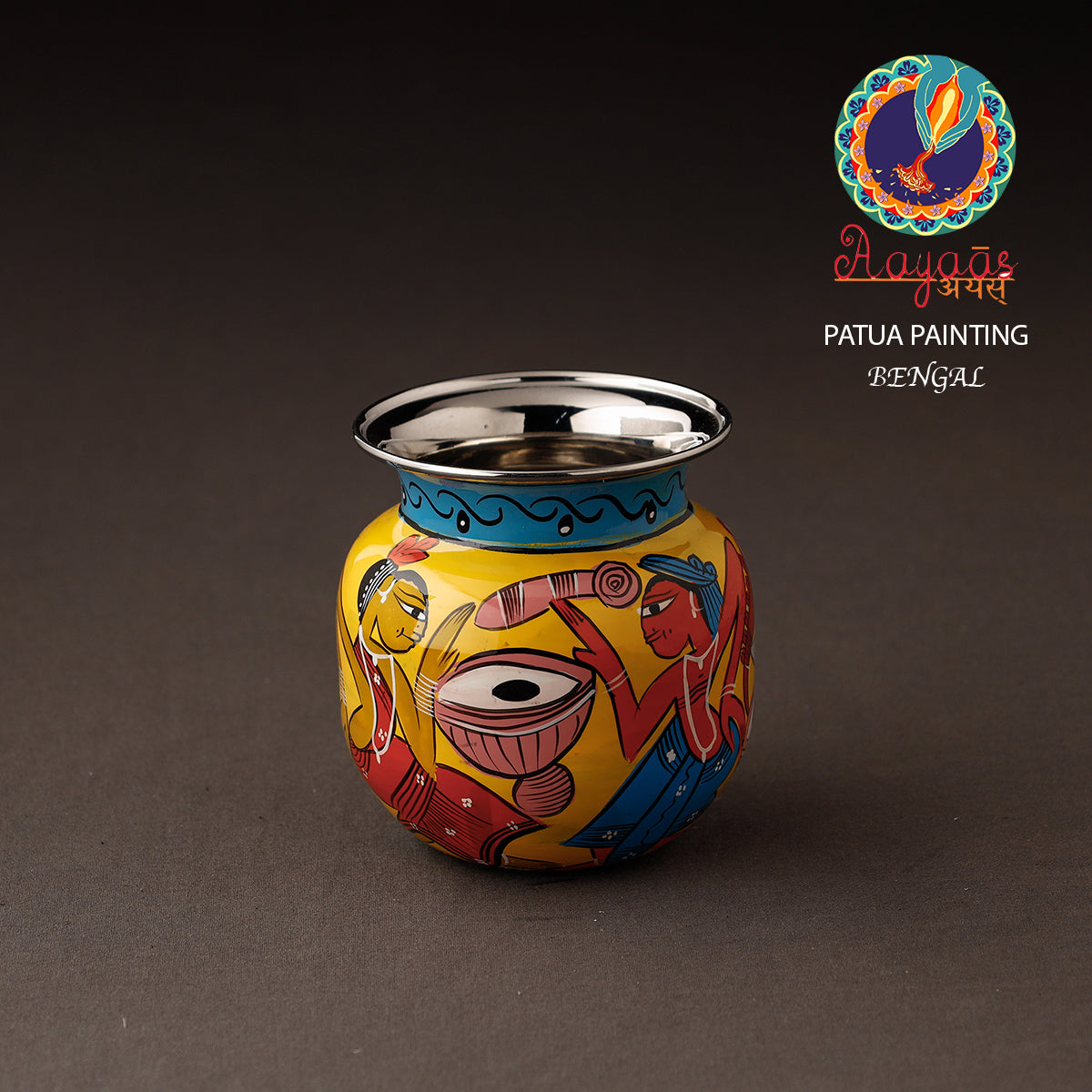 AAYAAS Bengal Patua Handpainted Stainless Steel Lota / Kalash / Container