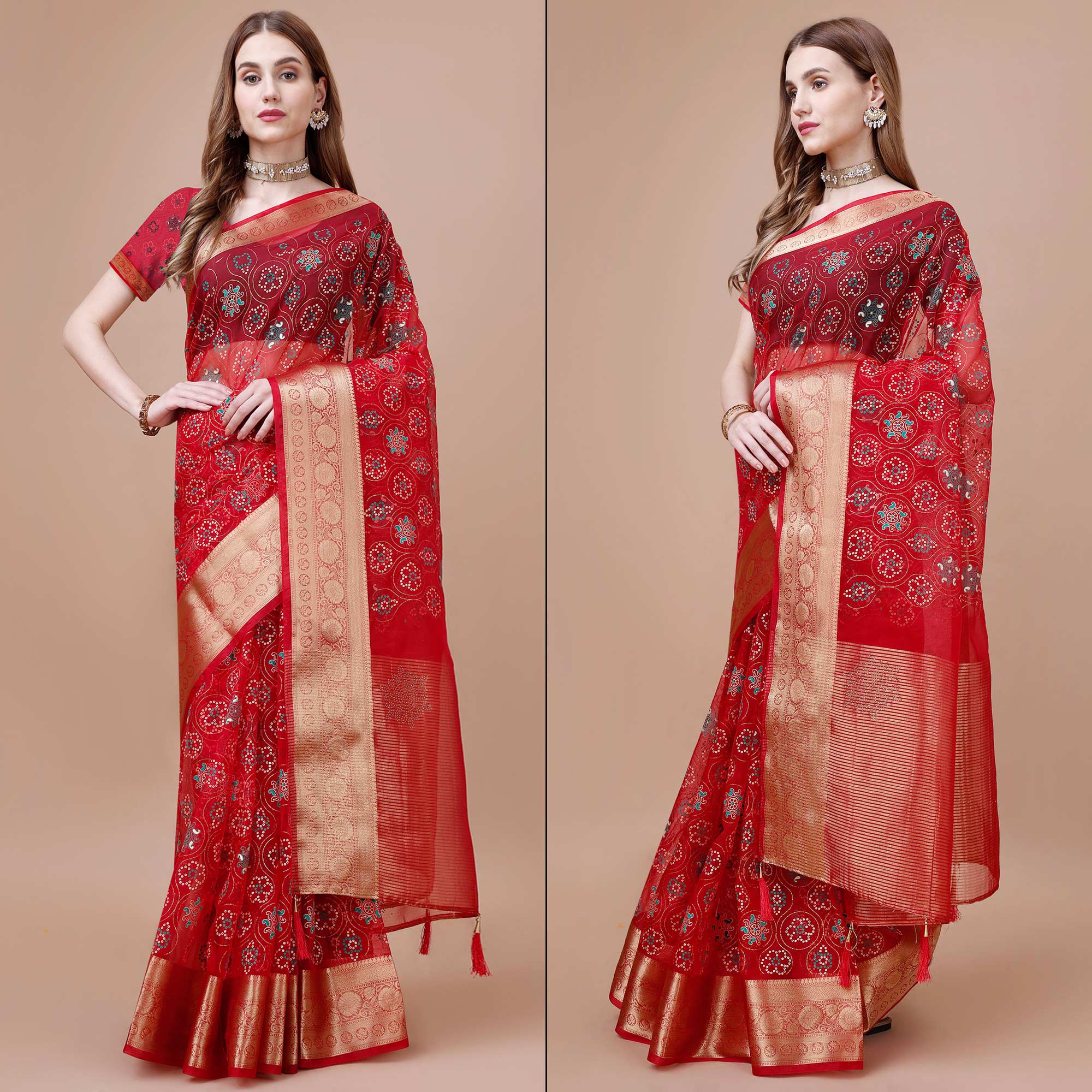 Peachmode Dark Red Bandhani Printed Organza Saree With Woven Border