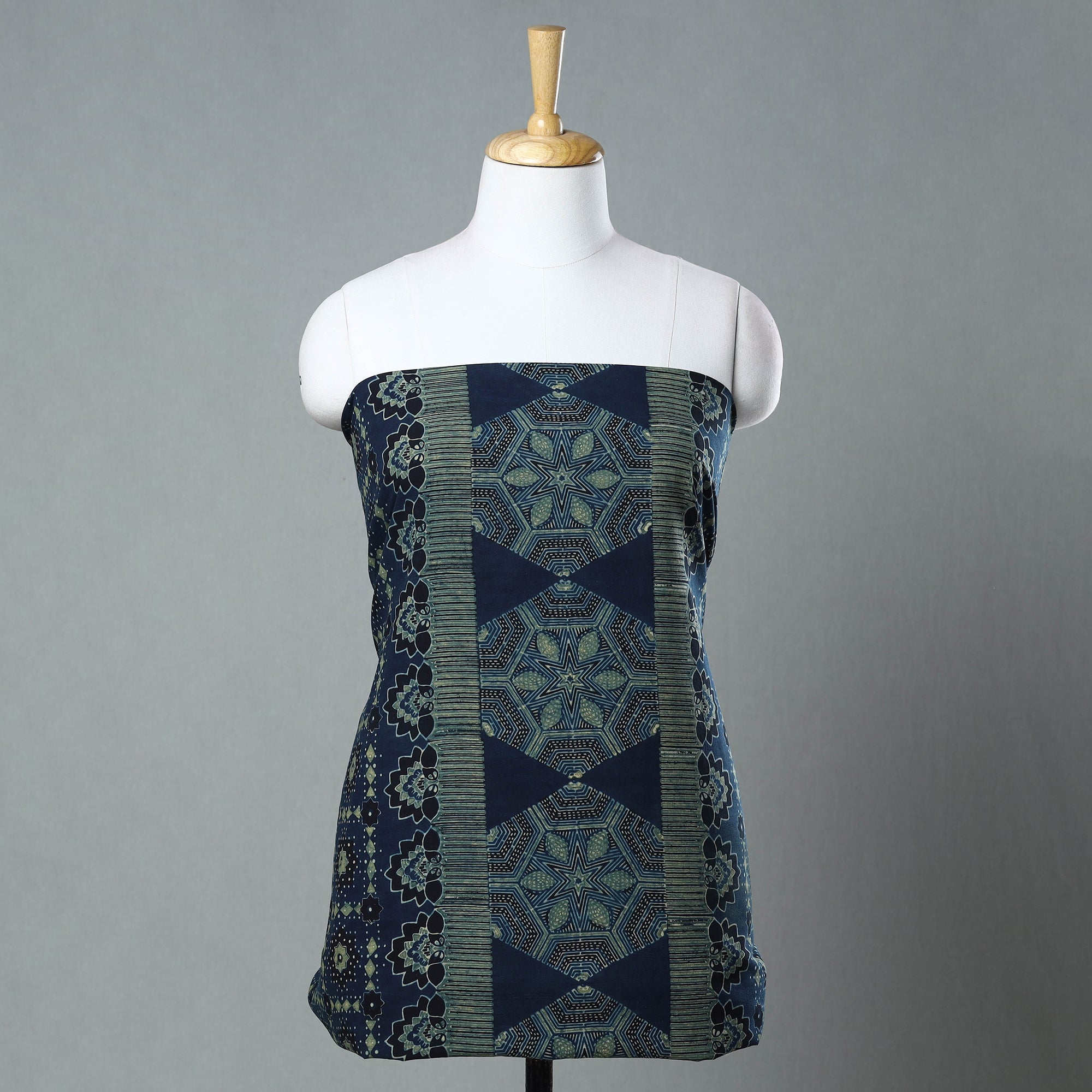 RIYAZ ABDULMAJID KHATRI - AJRAKH Blue - Ajrakh Block Printed Cotton Kurta Material - 3 meter