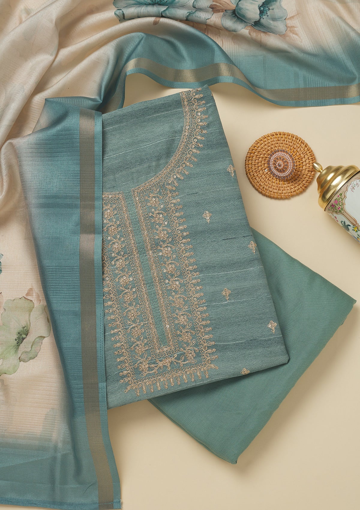 Koskii Sea Green Zariwork Raw Silk Unstitched Salwar Suit
