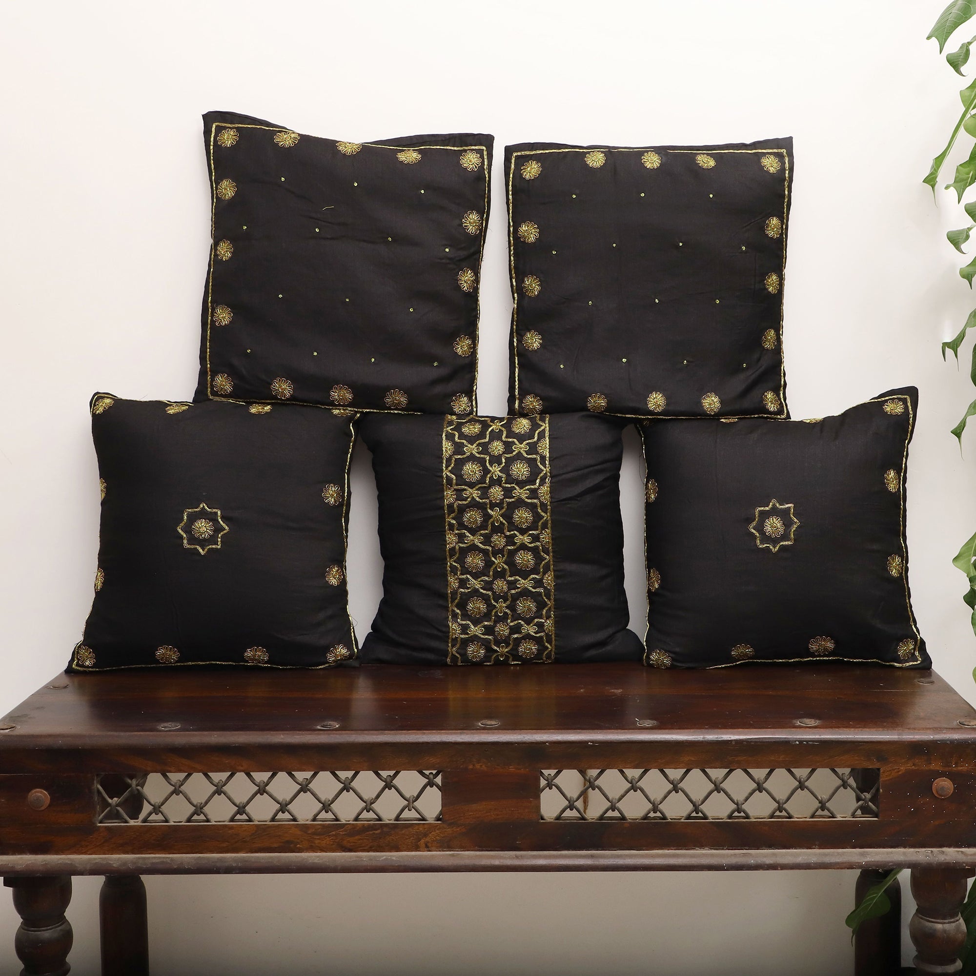 TICS Black - Star Butas - Zardozi Hand Embroidered Raw Silk Cushion Cover (Set of 5)