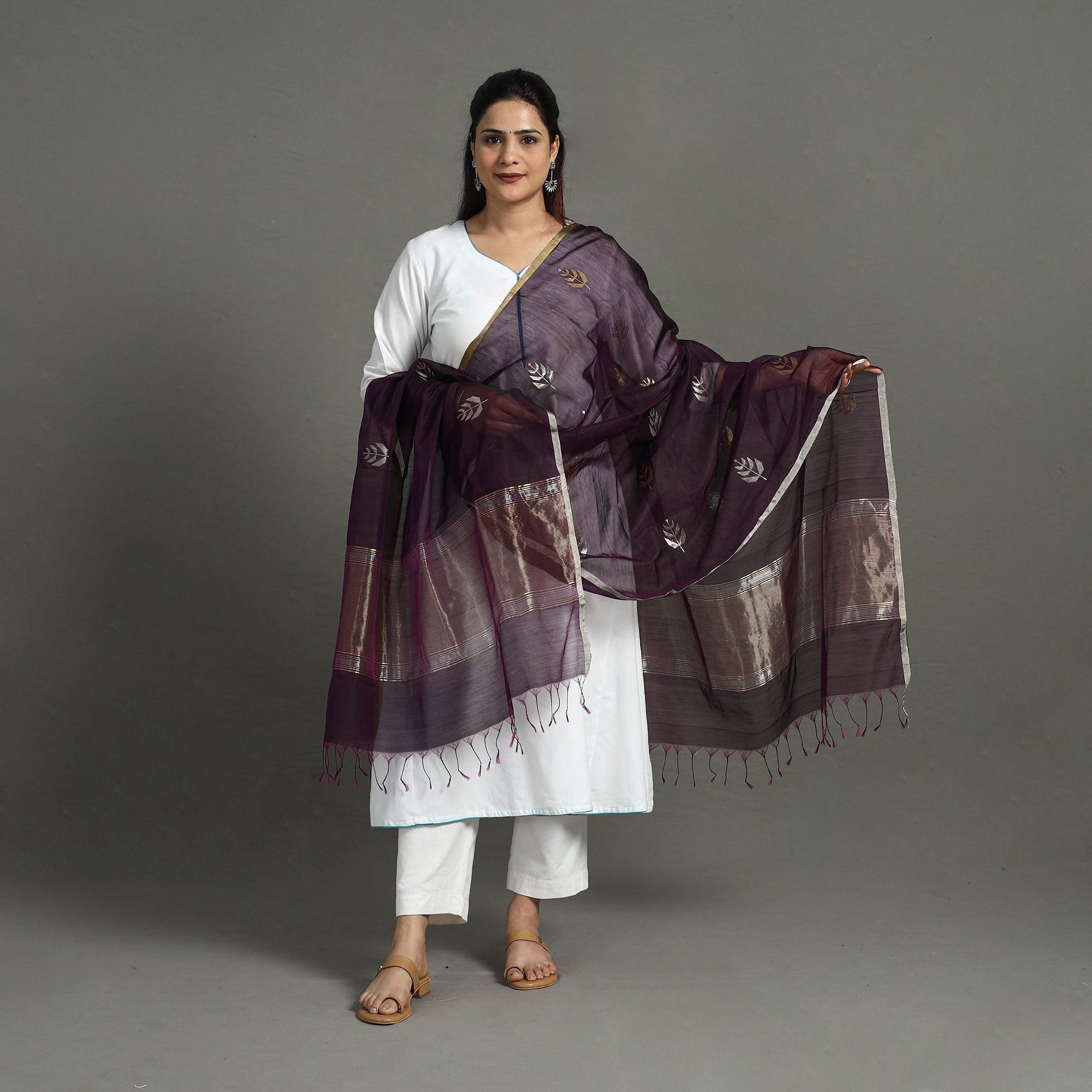 CHANDERI BY RAUPH KHAN Brown - Handloom Silk Cotton Zari Buta Chanderi Dupatta 27 - view 2