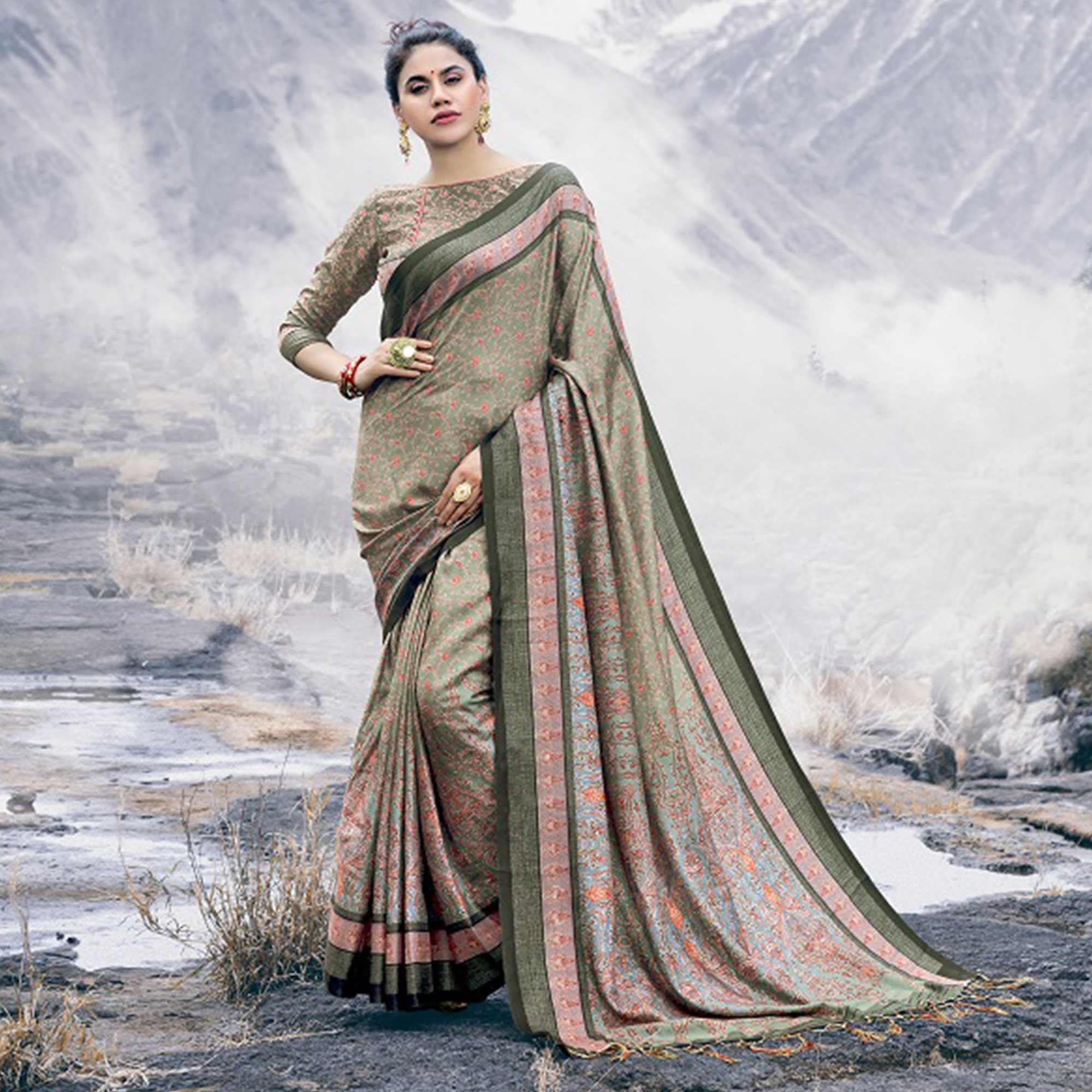 Peachmode Lovely Pastel Olive Green Colored Festive Wear Printed Art Silk Saree