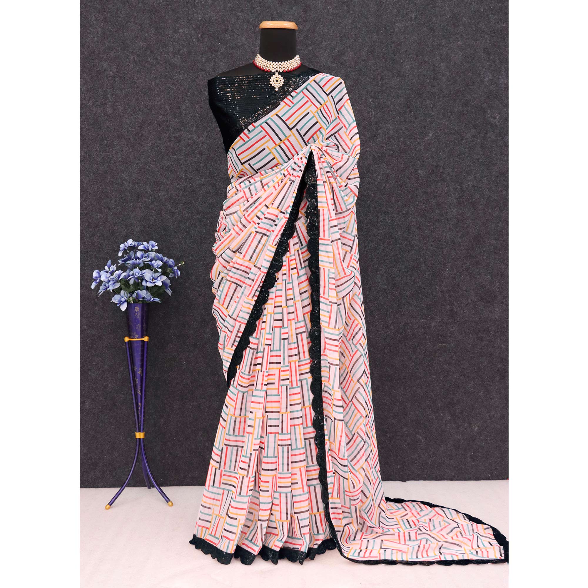 Peachmode White Printed Georgette Saree With Sequins Border - view 5