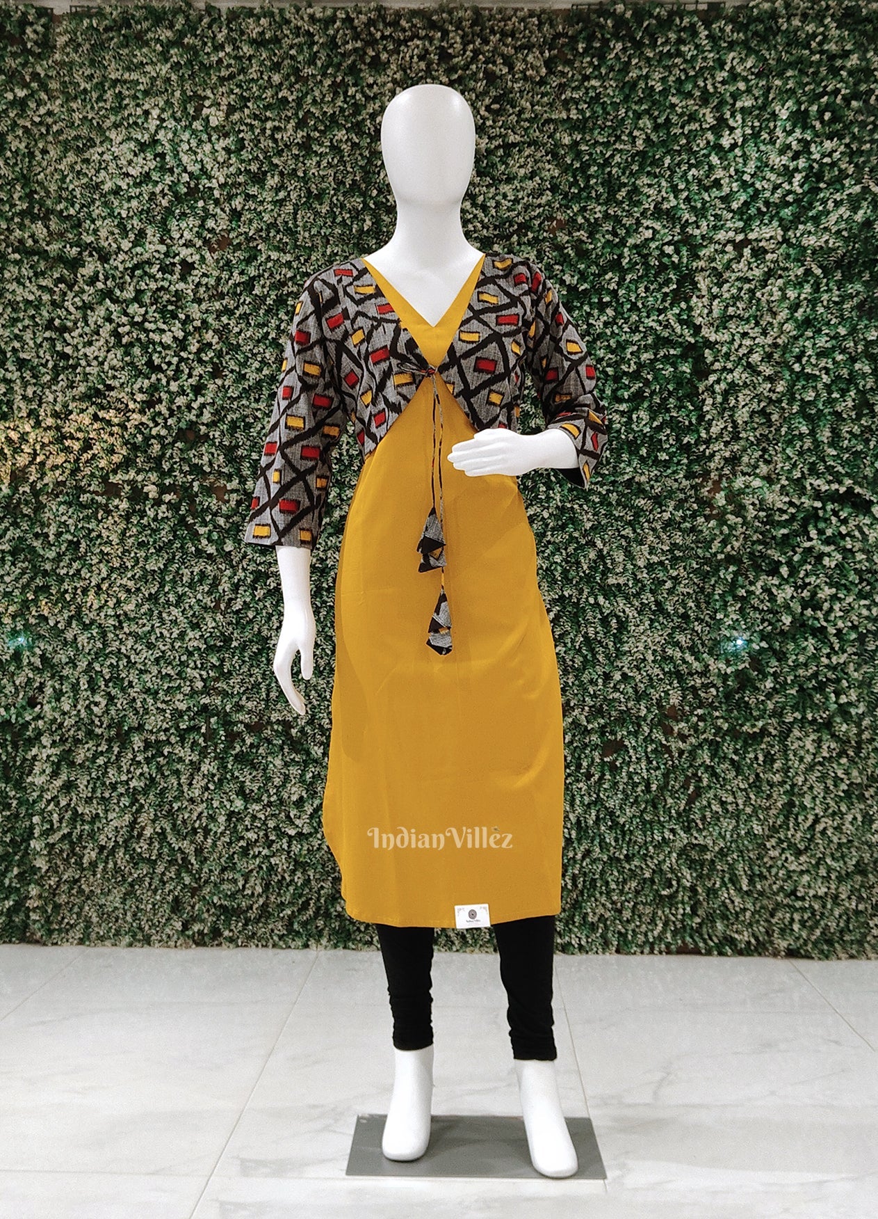 IndianVillèz Yellow Multicolor Odisha Ikat Designer Cotton Kurti with Jacket