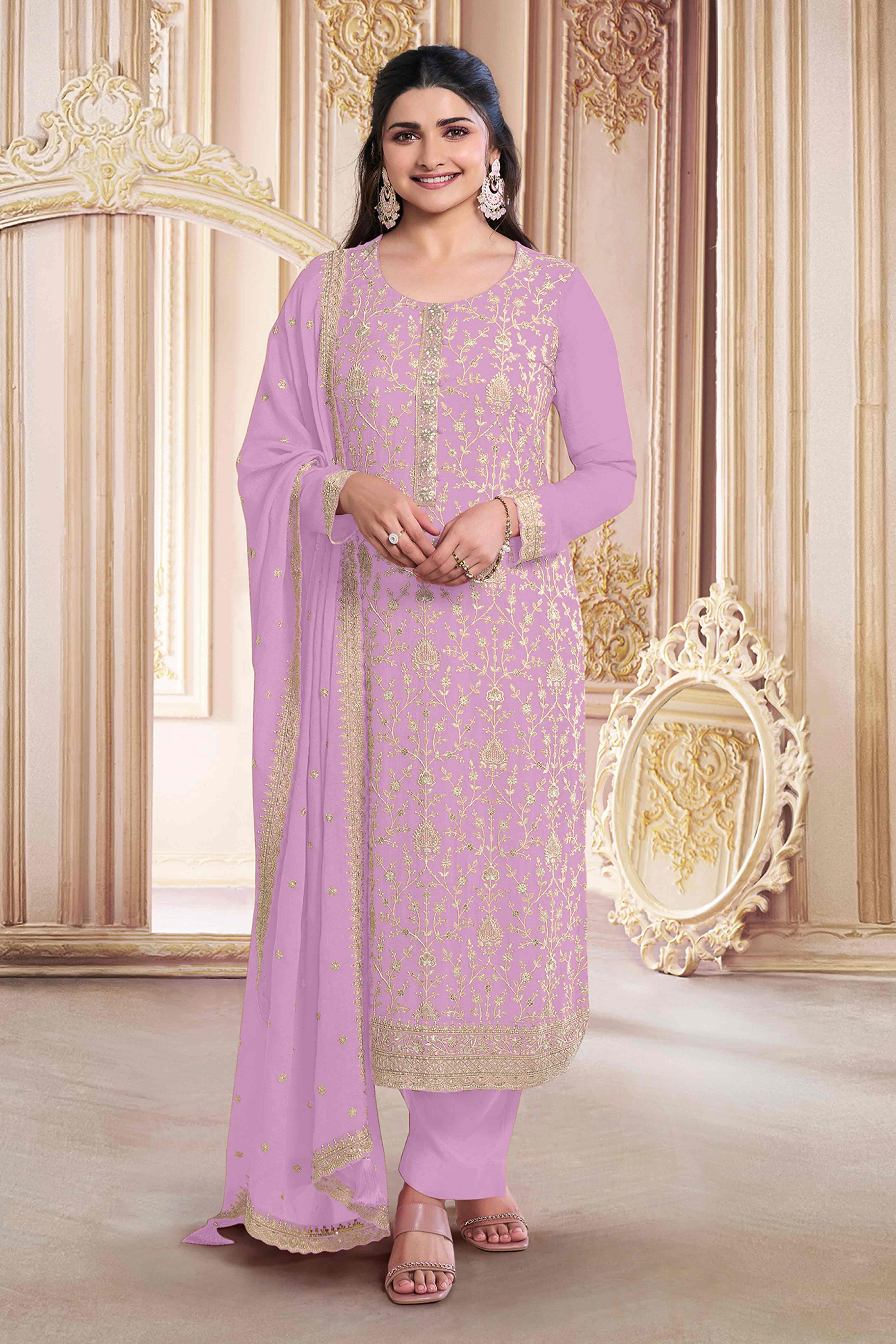 Peachmode Light Pink Floral Sequins Embroidery Georgette Semi Stitched Salwar Suit