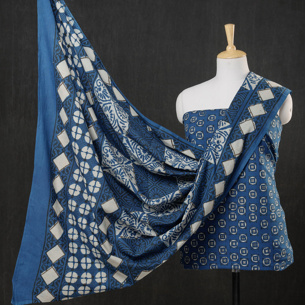 HAVELI CHRONICLES Blue - 3pc Cotton Block Printed Pipad Dress Material Set