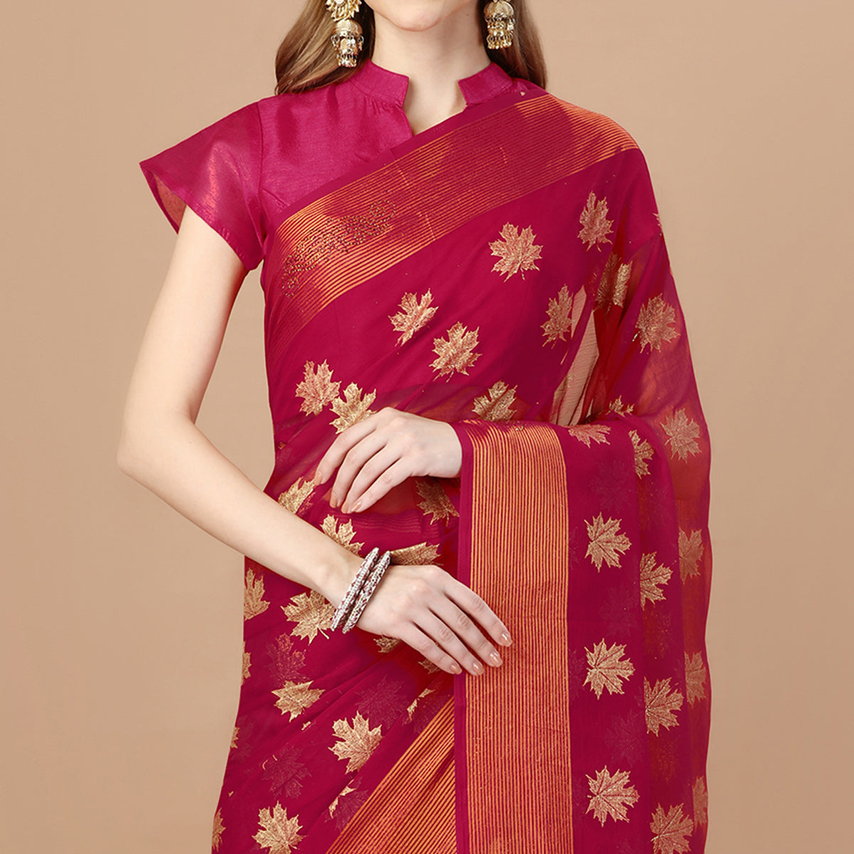 Peachmode Dark Magenta Zari Work Chiffon Saree With Tassels - view 3