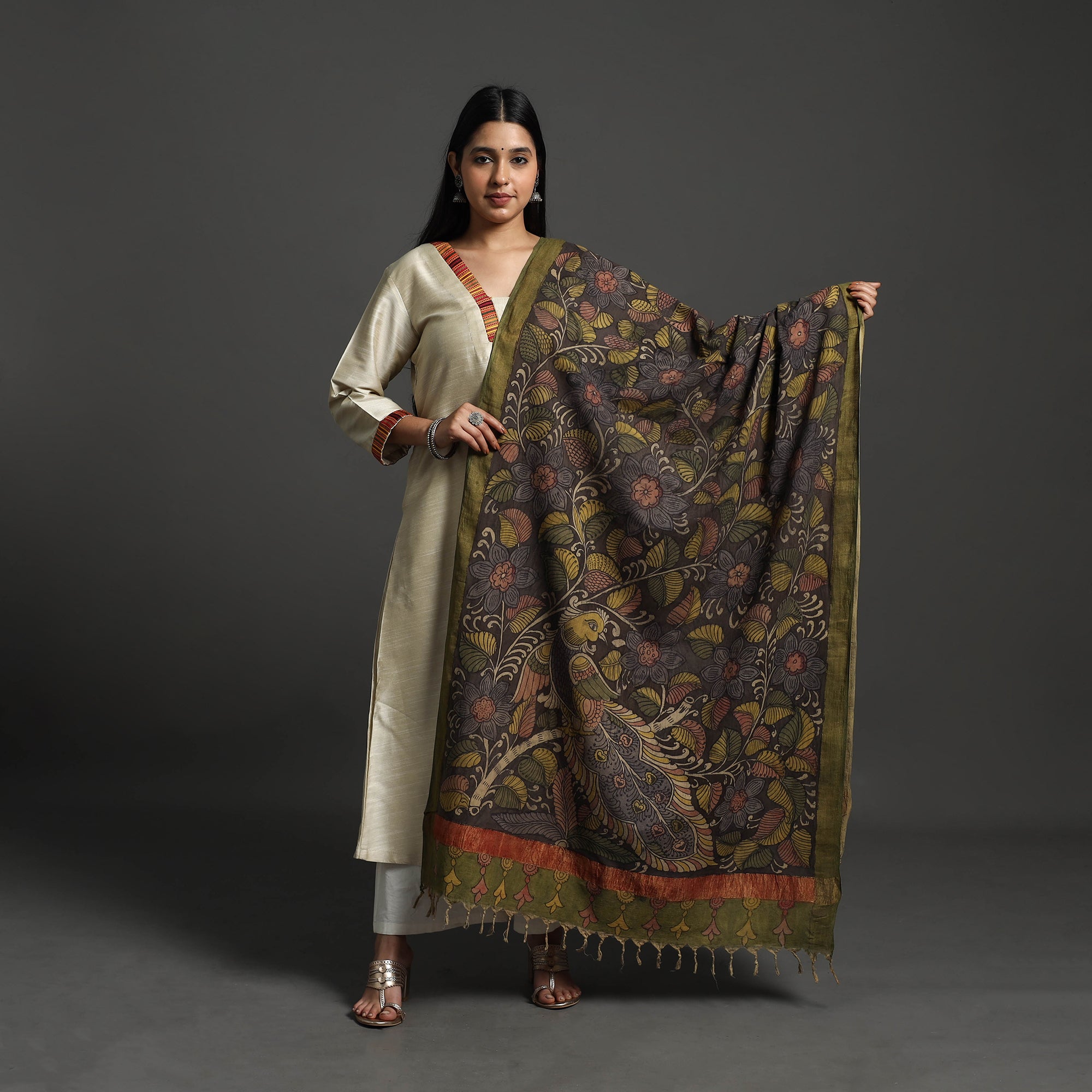 SOUTH KARGHA Black - Mangalagiri Cotton Handpainted Pen Work Kalamkari Dupatta 32 - view 2