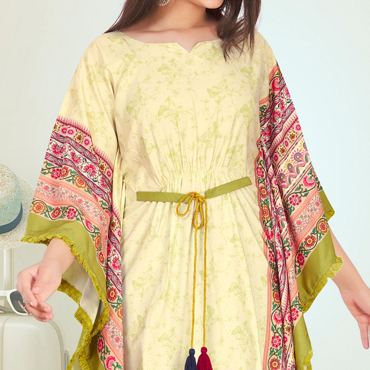 Peachmode Light Green Casual Wear Floral Digtial Printed Modal Kaftan Kurti - view 3