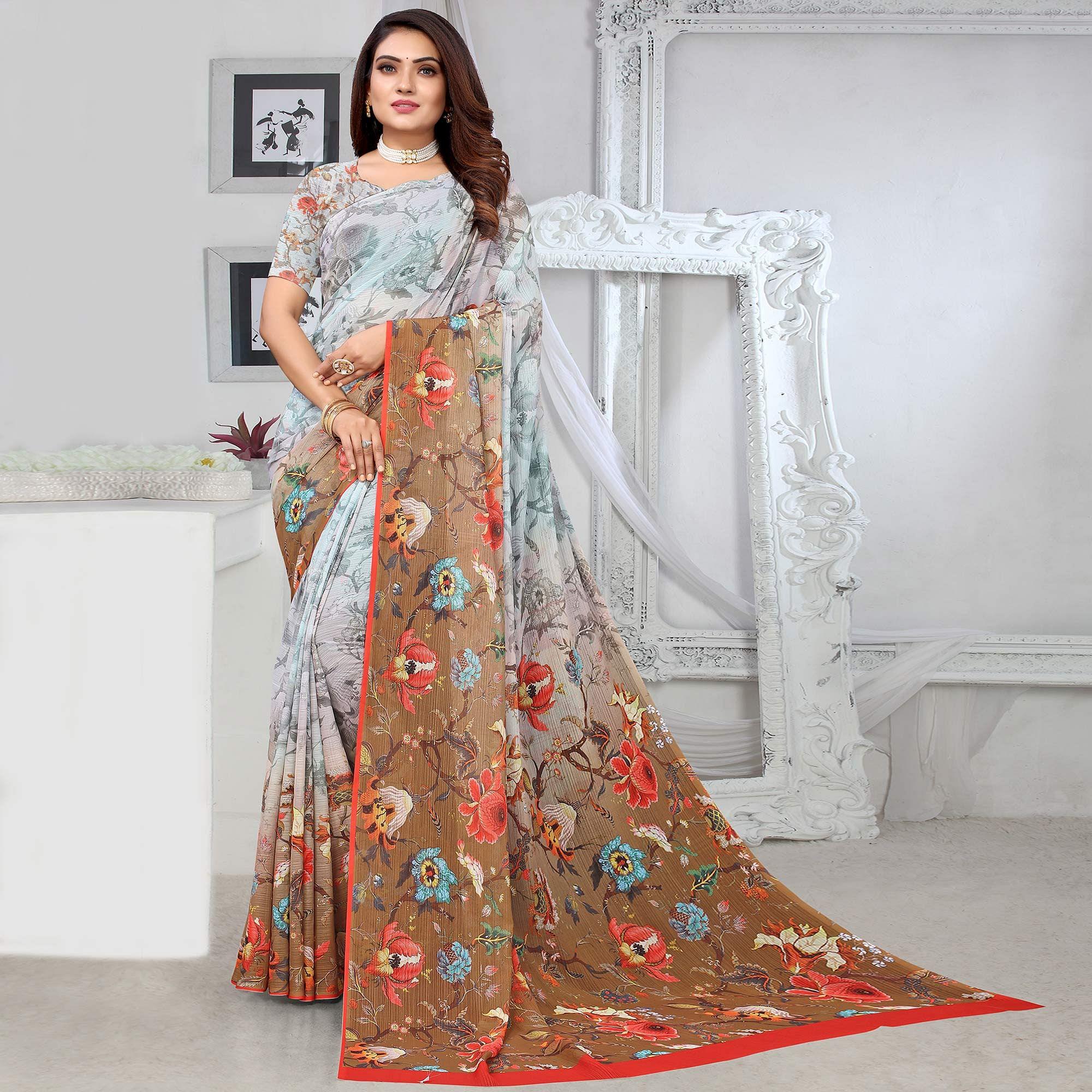 Peachmode Grey-Brown Digital Printed Georgette Saree