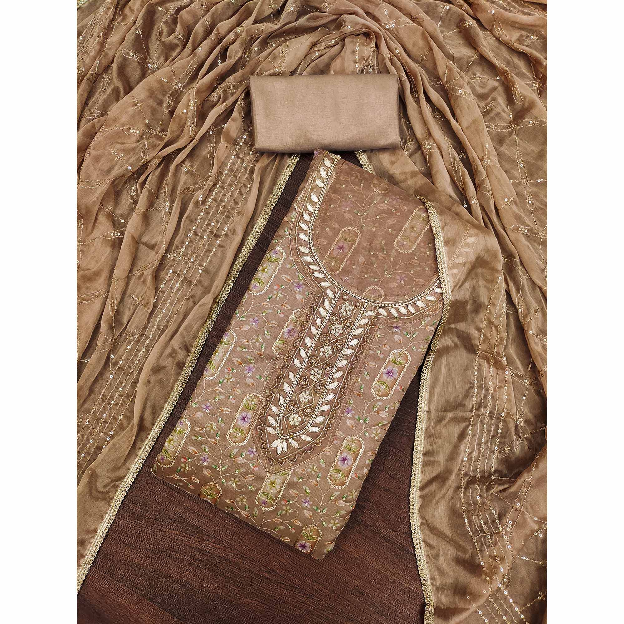 Peachmode Chikoo Floral Sequins Embroidery With Handwork Organza Dress Material - view 3