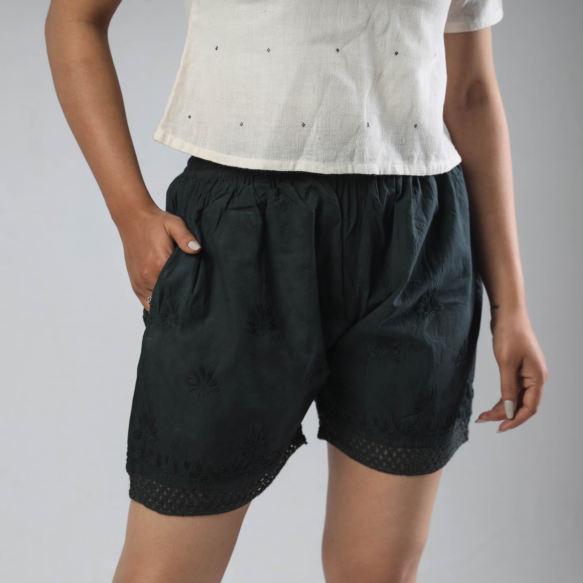 CHUTNEY CRAFT STUDIO Black - Chikankari Hand Embroidered Cotton Short
