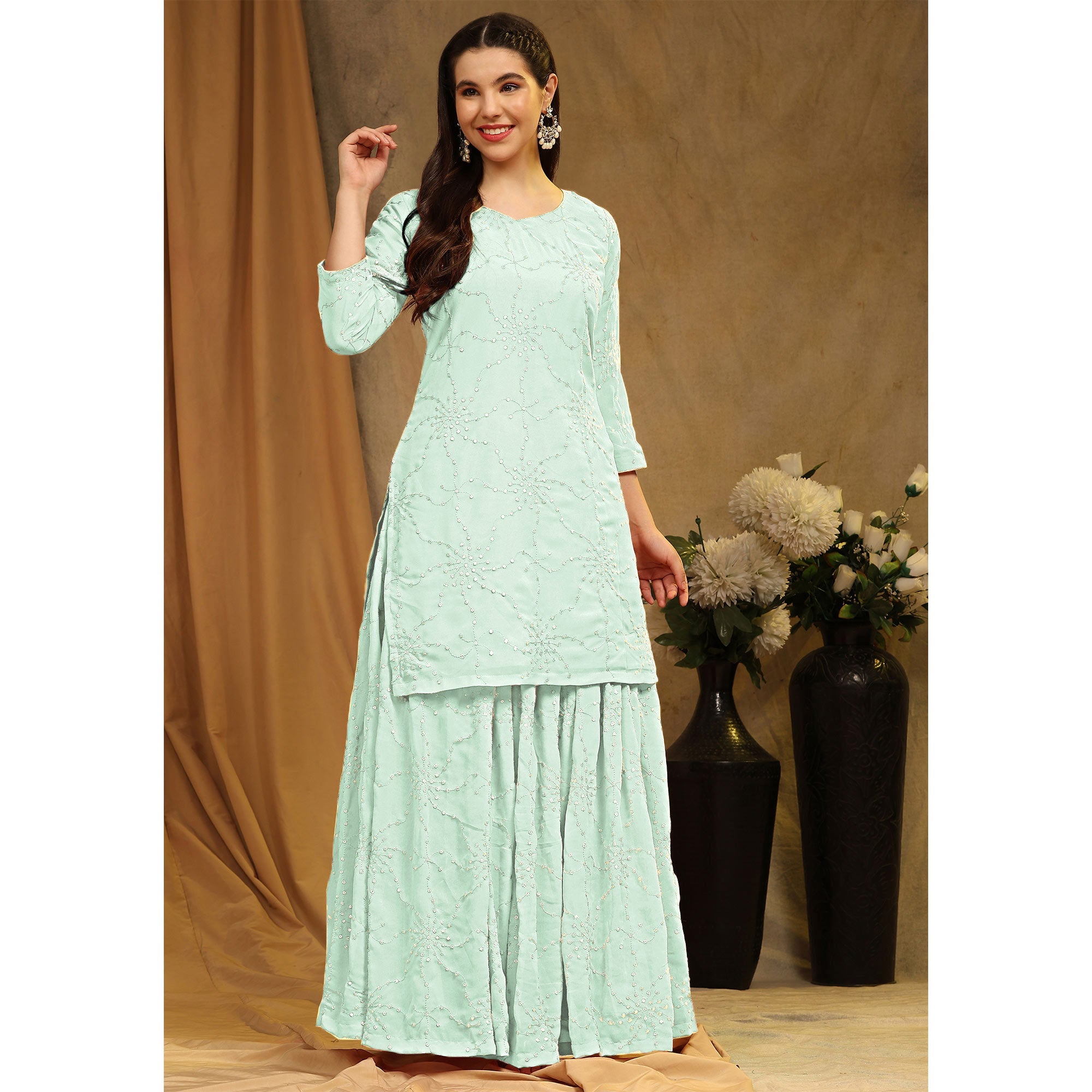 BlackTree green-embroidered-georgette-semi-stitched-sharara-suit-1 - view 7