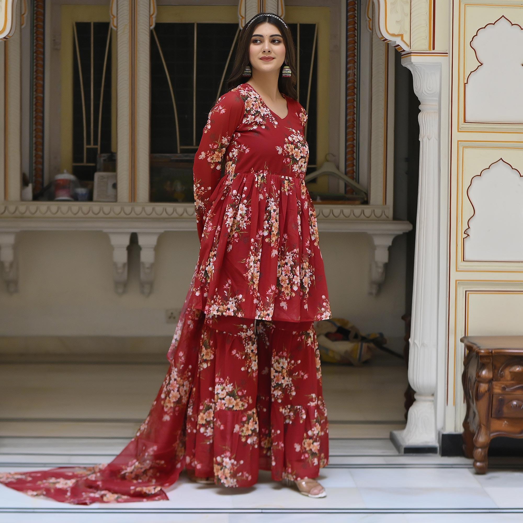 Peachmode Maroon Floral Printed Georgette Sharara Suit - view 5