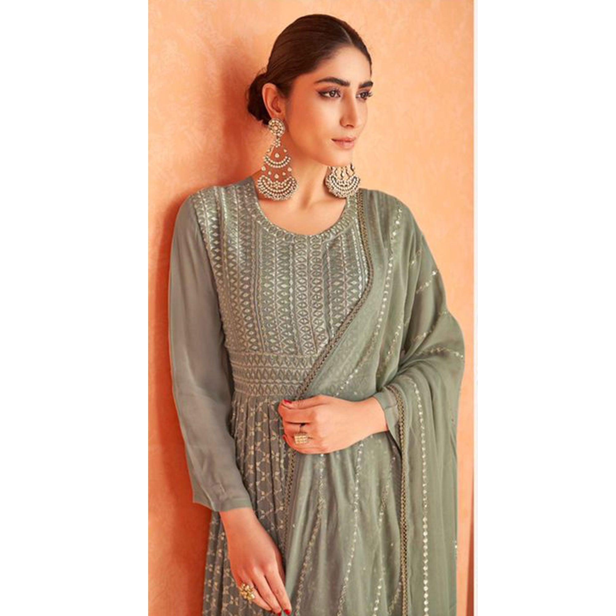 Peachmode Seller Mehendi Green Partywear Sequins Embroidered Georgette Anarkali Suit - view 2