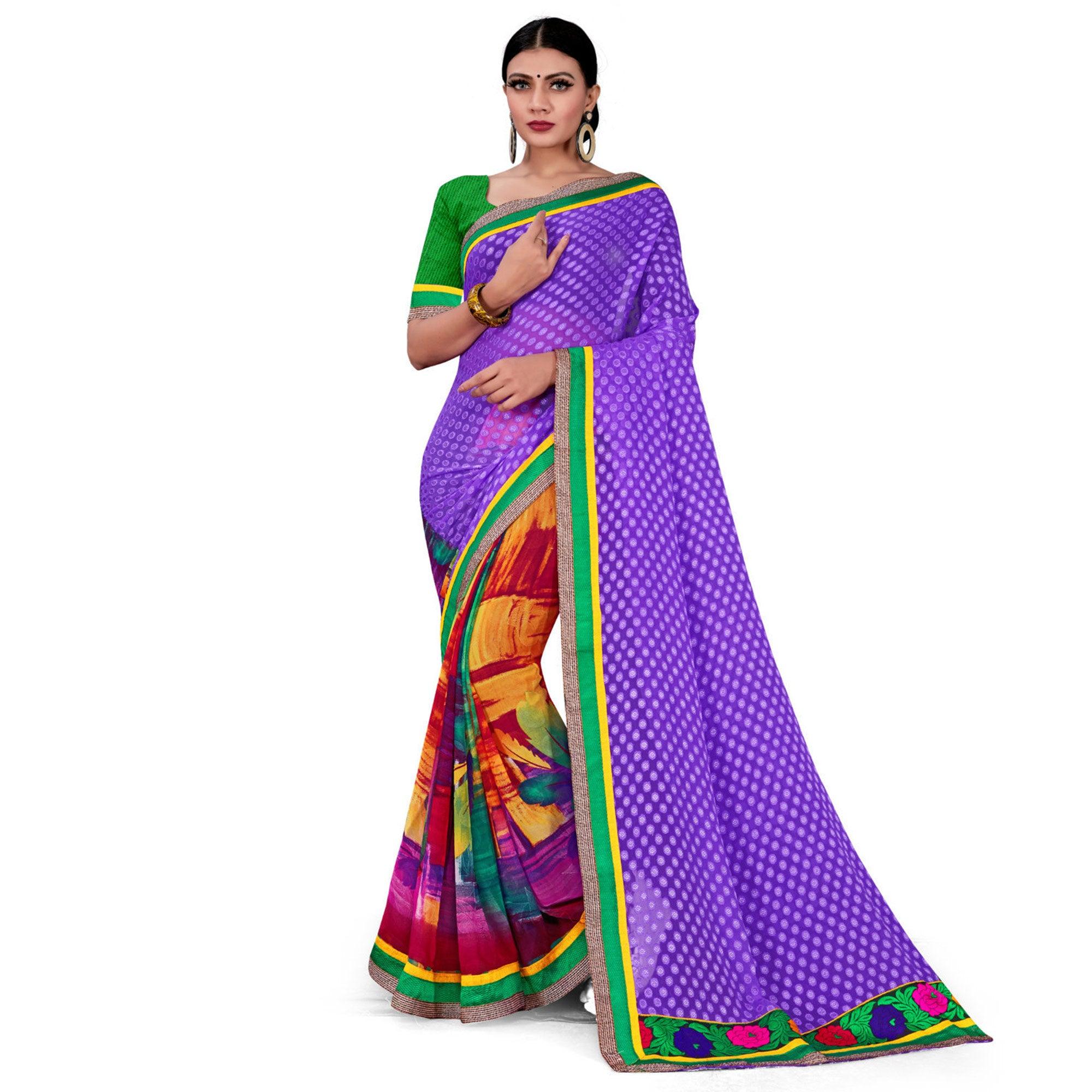 Peachmode Flamboyant Blue-Multi Colored Party Wear Floral Printed Georgette half-half Saree