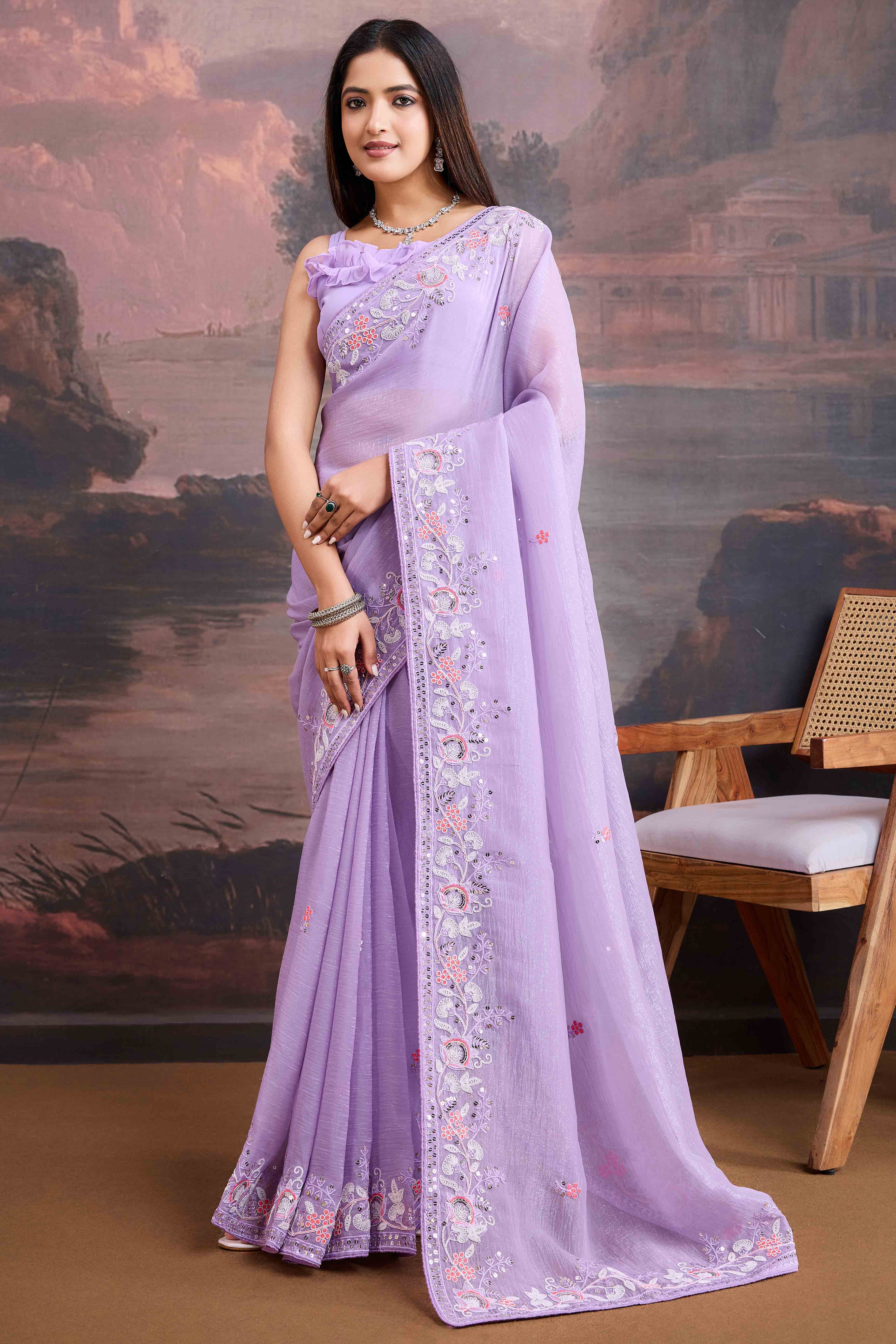 Peachmode Lavender Floral Sequins Embroidered Organza Saree