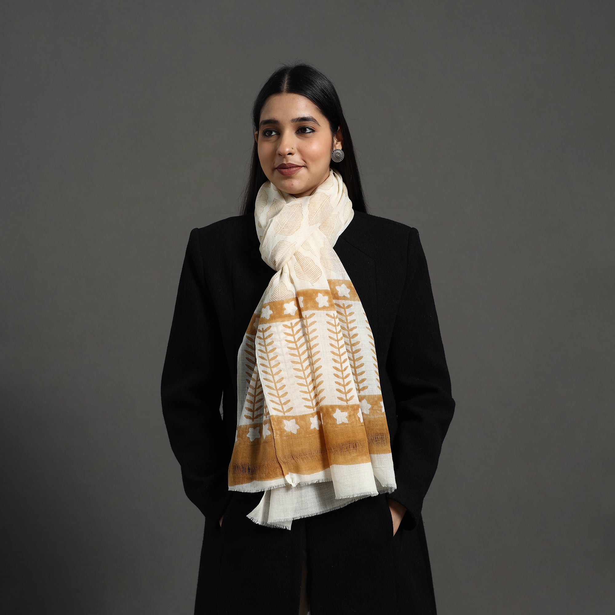 KUSUMLATA Brown - Pure Wool Block Print Sanganeri Stole 57 - view 2