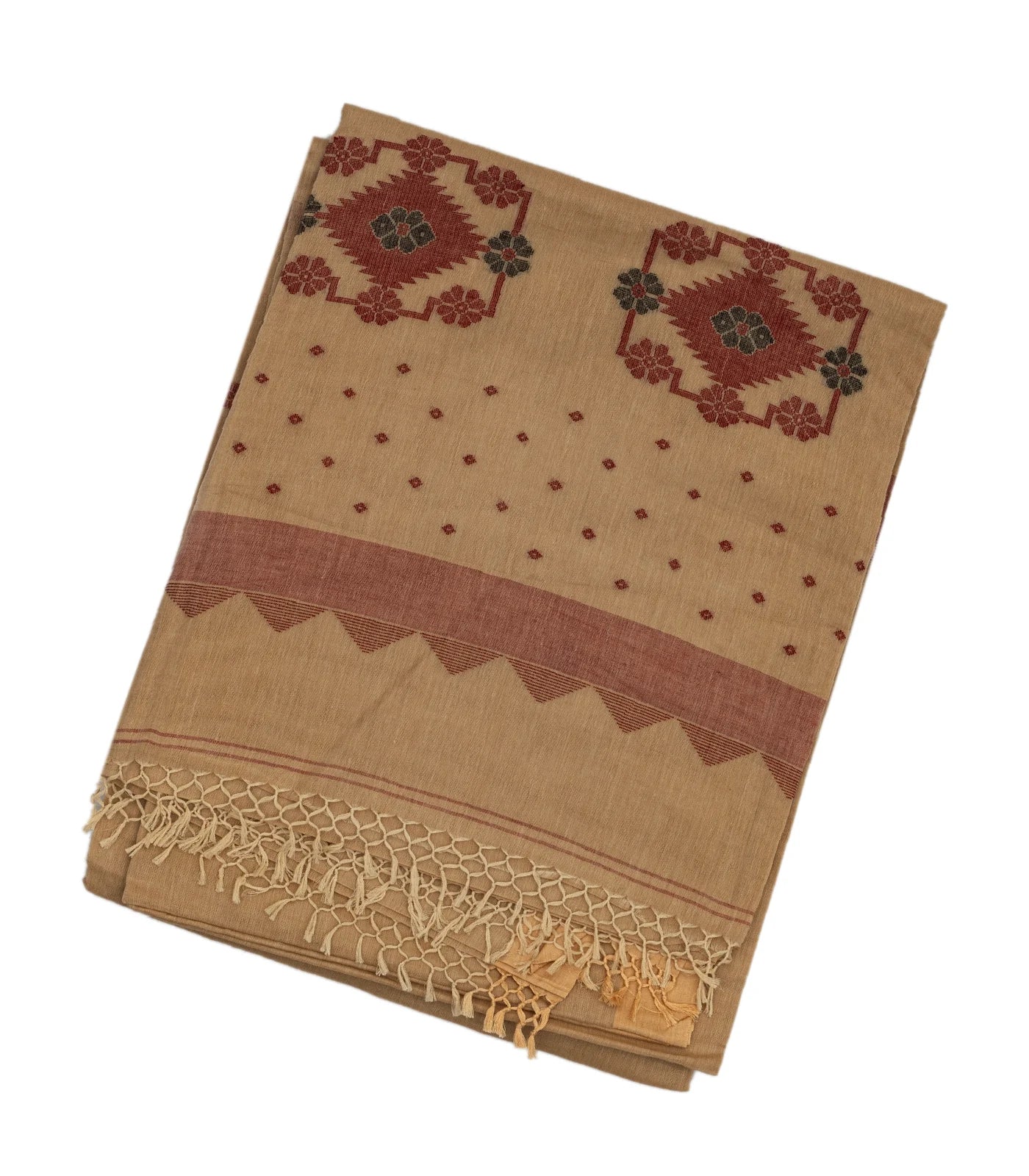 RmKV Beige Handloom Bengal Cotton Saree With Kamalam Buttas