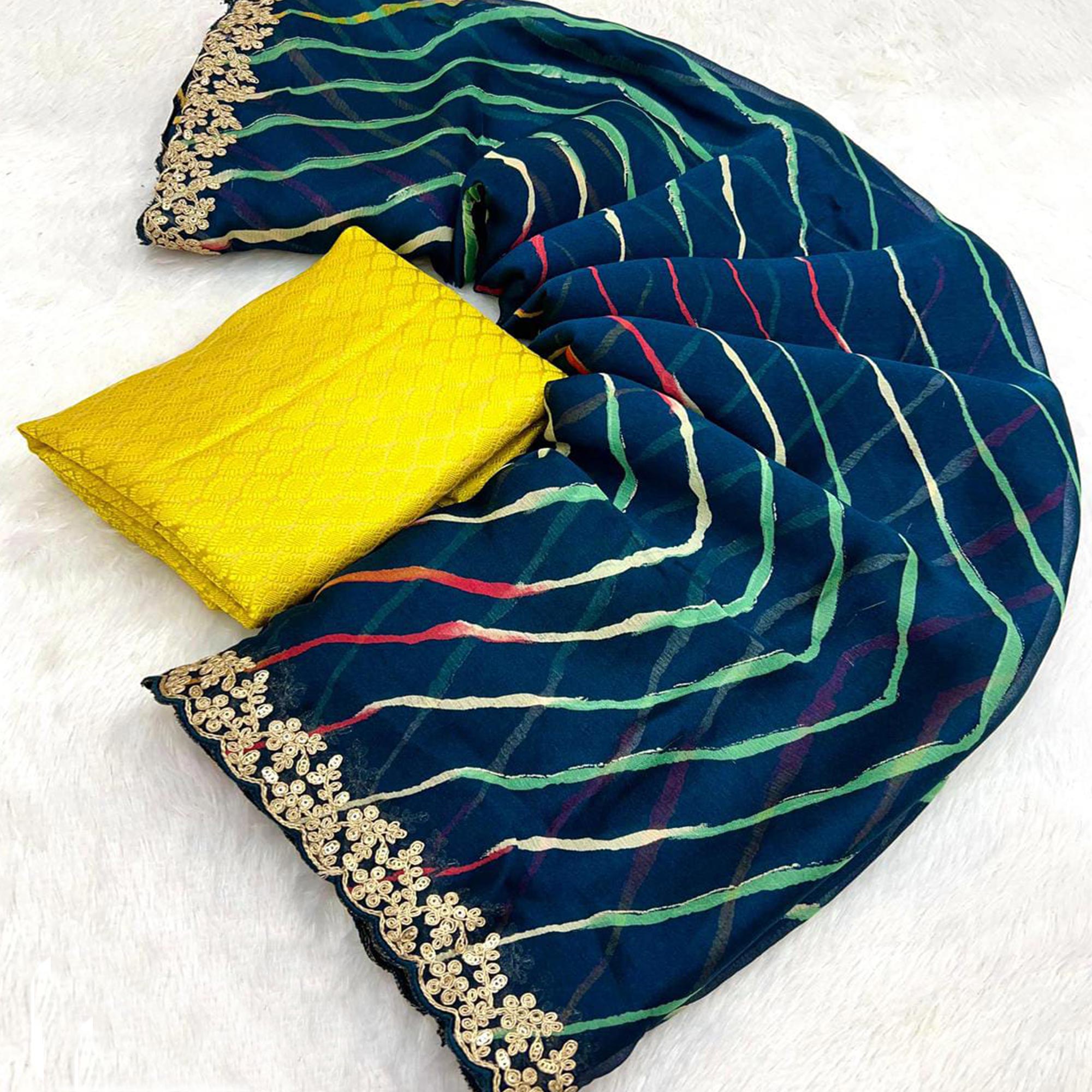 Peachmode Morpich Blue Leheriya Printed Chiffon Saree With Sequins Embroidered Border