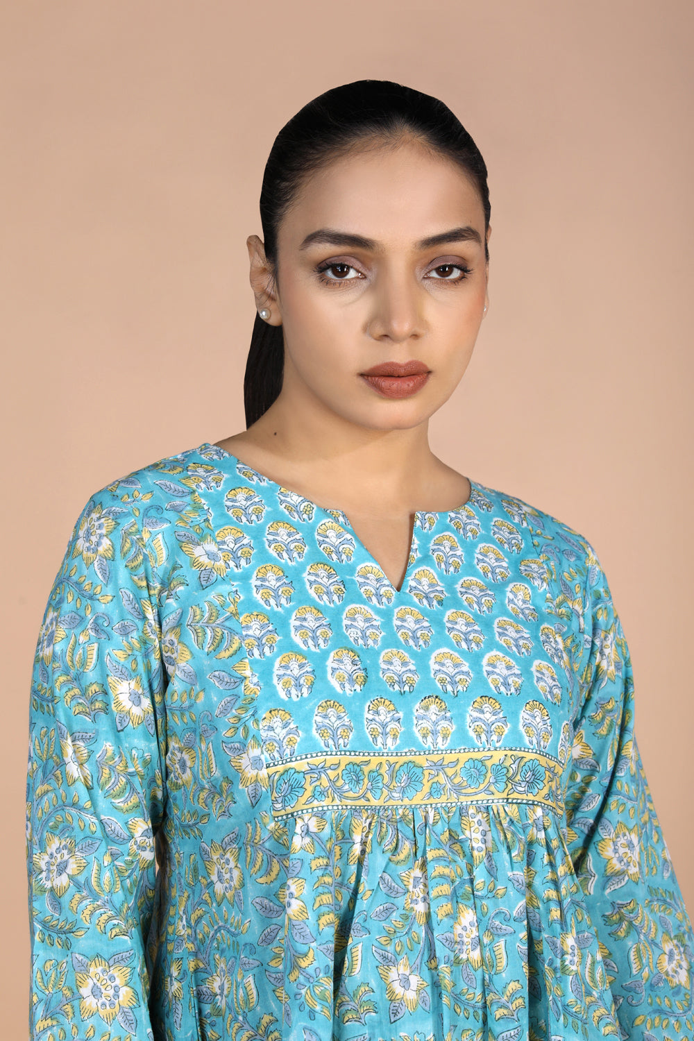 Kalanjali Ethnics Floral sky blue Sanganeri handblock printed cotton Kurti - view 9