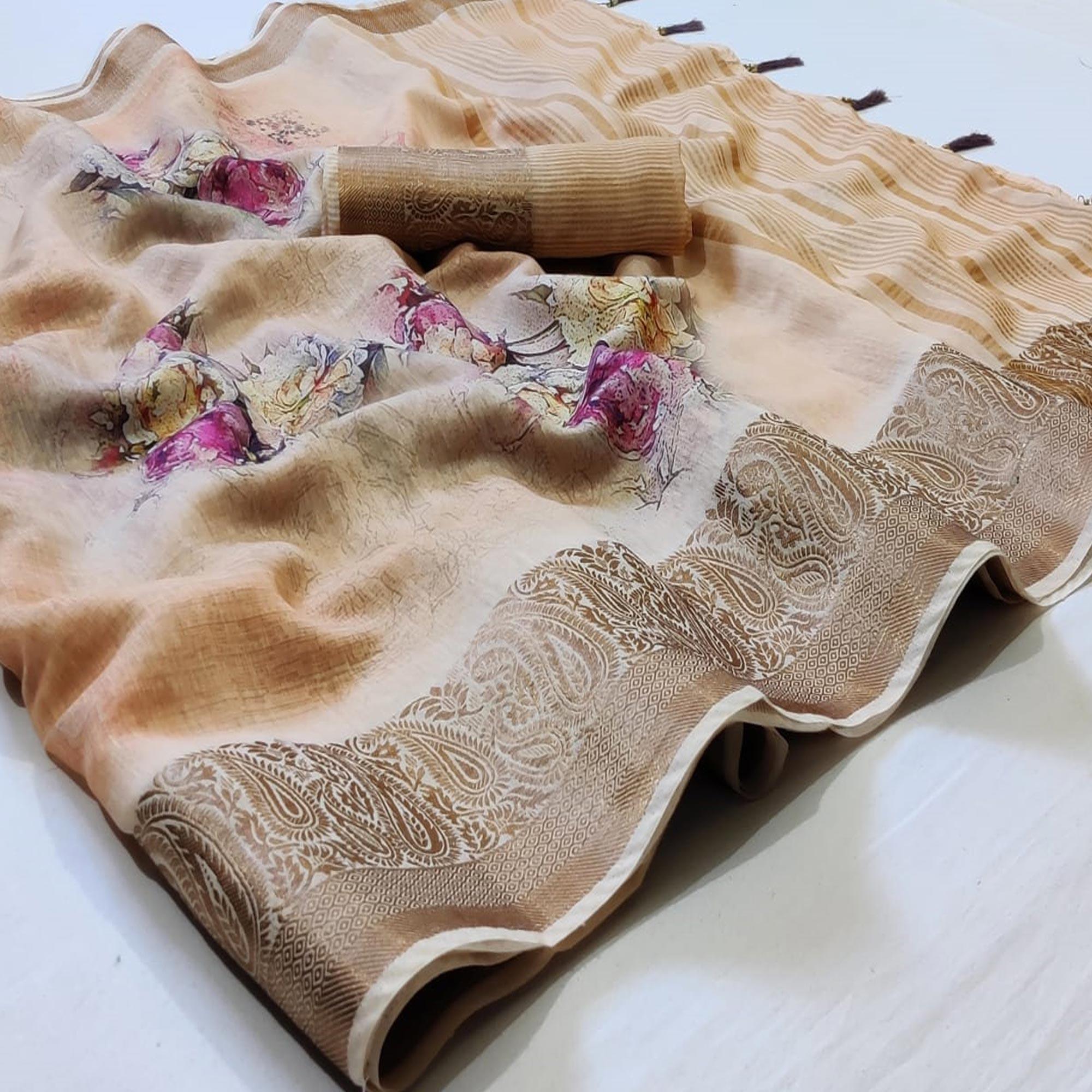 Peachmode Exclusive Beige Colored Festive Wear Woven Banarasi Silk Saree