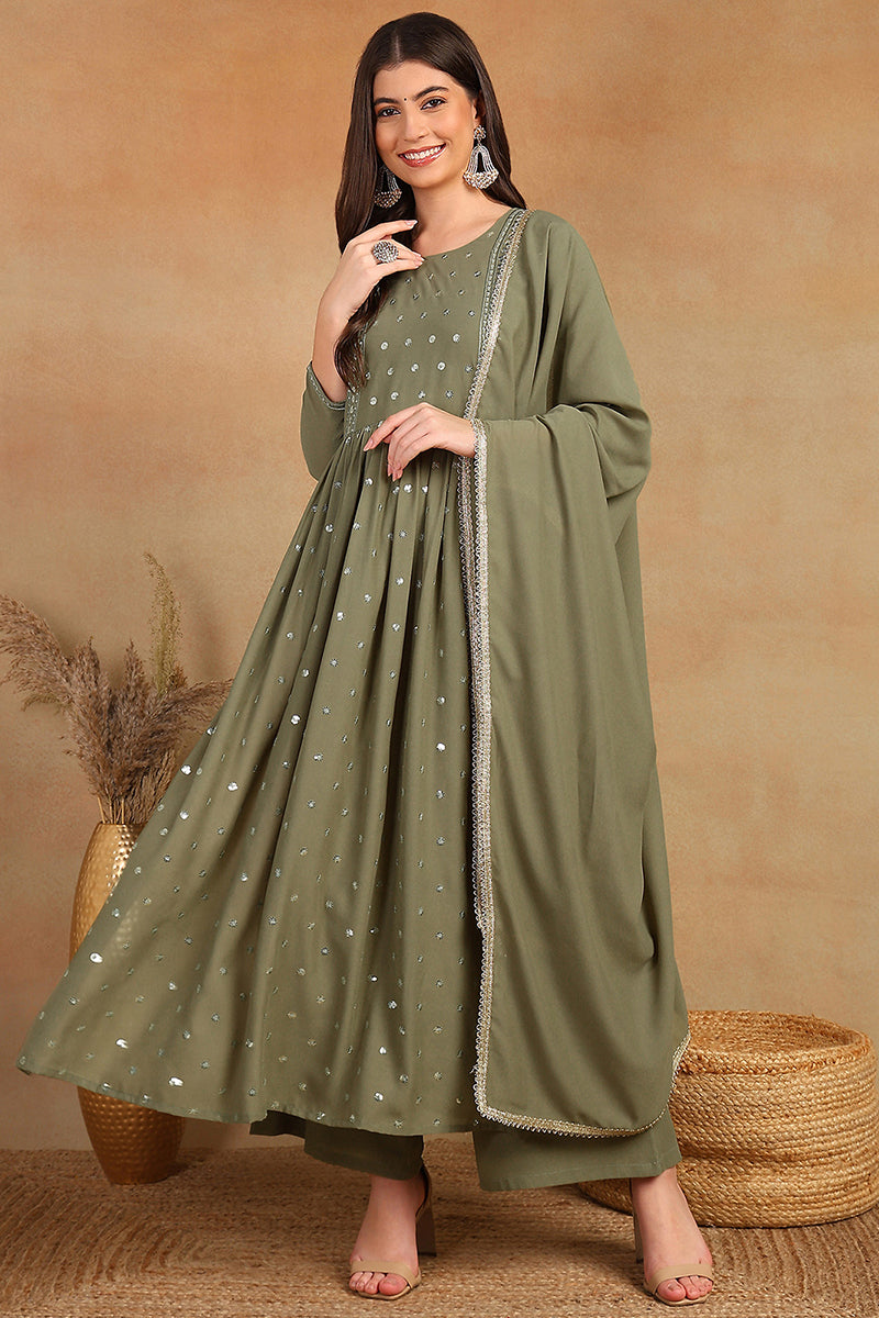 Ahika Olive Green Georgette Solid Embroidered Straight Palazzo Bottom Suit Set PKSKD2521OLV