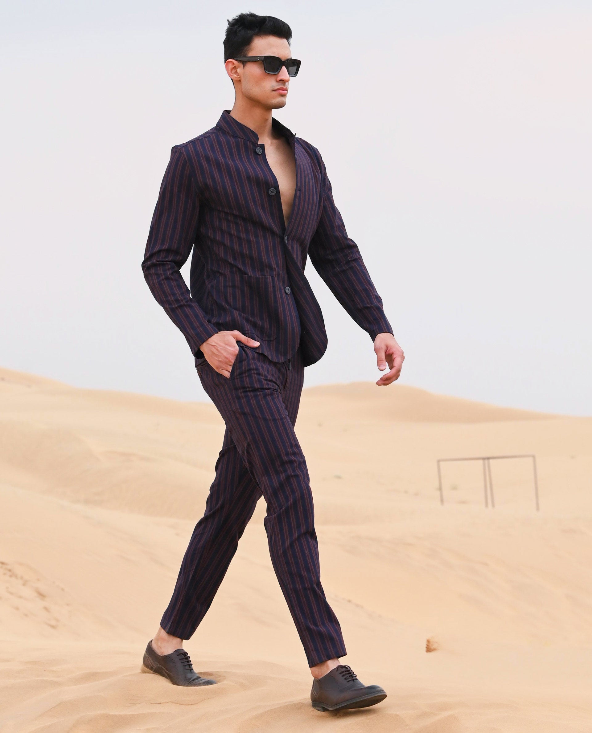 Rare Rabbit Men's Banny Navy Mid-Rise Regular Fit With Drawstring And Elastic Waistband Striped Trouser - view 4