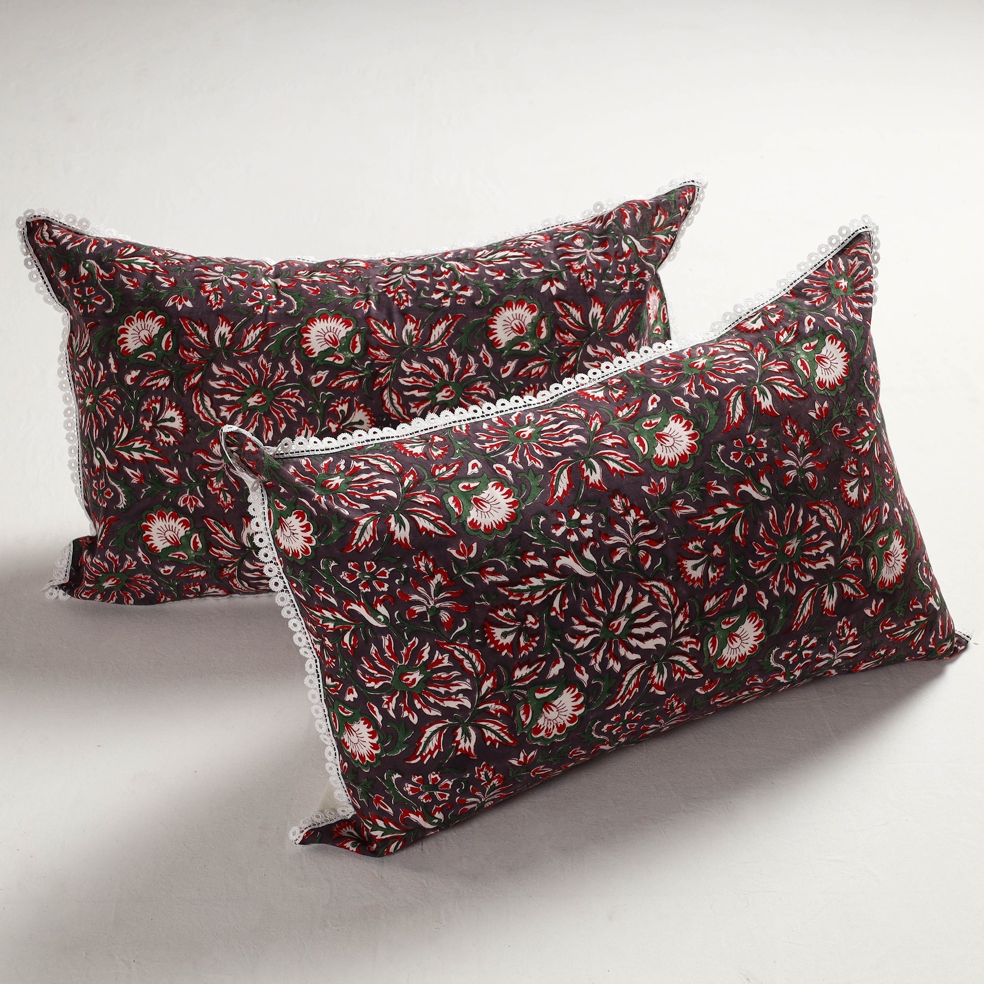 HAVELI CHRONICLES Brown - Sanganeri Block Printed Cotton Pillow Cover with Lace (28 x 18 in) - Set of 2