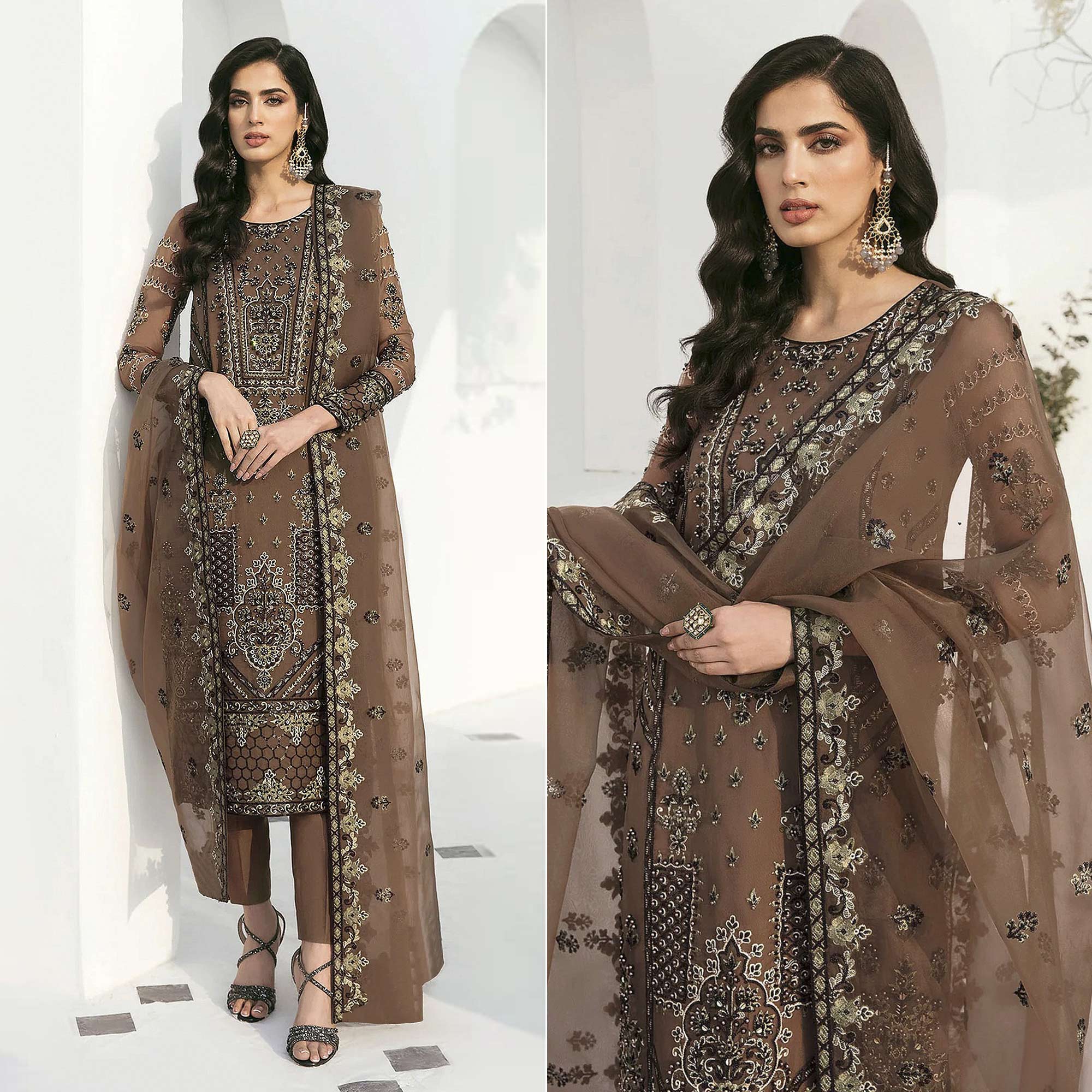 Peachmode Brown Floral Embroidered Georgette Semi Stitched Pakistani Suit
