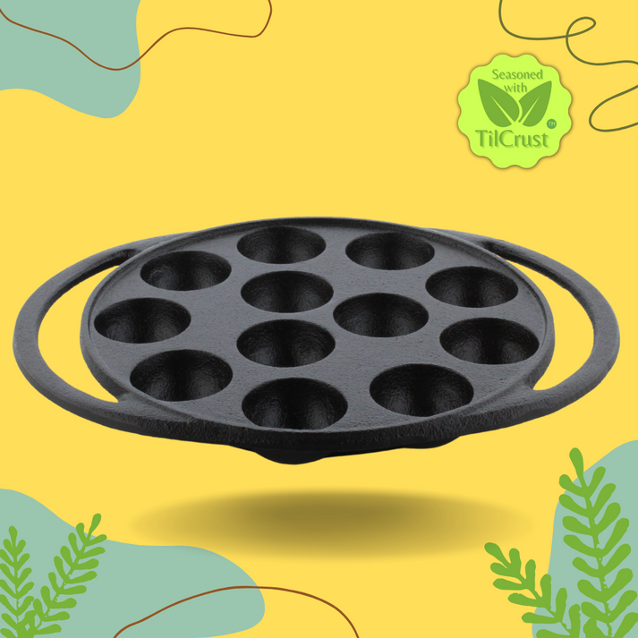 Trilonium Triple Seasoned Cast Iron Paddu tawa | Paniyarakkal | Paniyaram Pan 12 Pits | Black - view 6