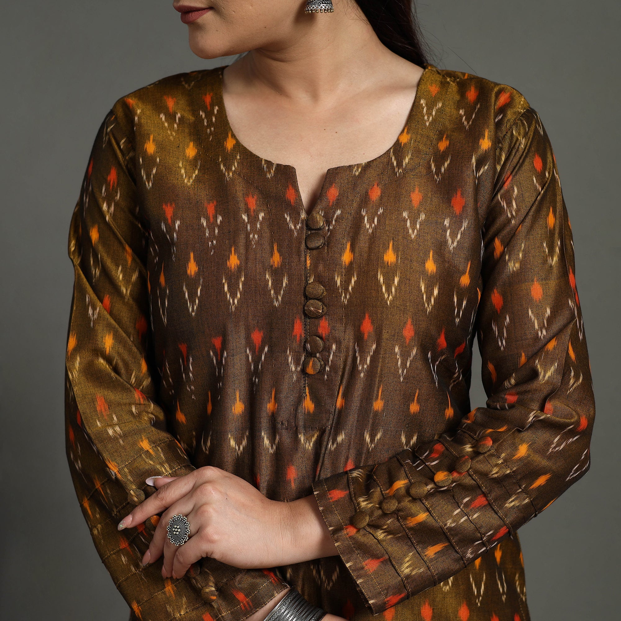 ITOKRI CASUALS Brown - Mercerised Cotton Straight Pochampally Ikat Kurta 15 - view 4