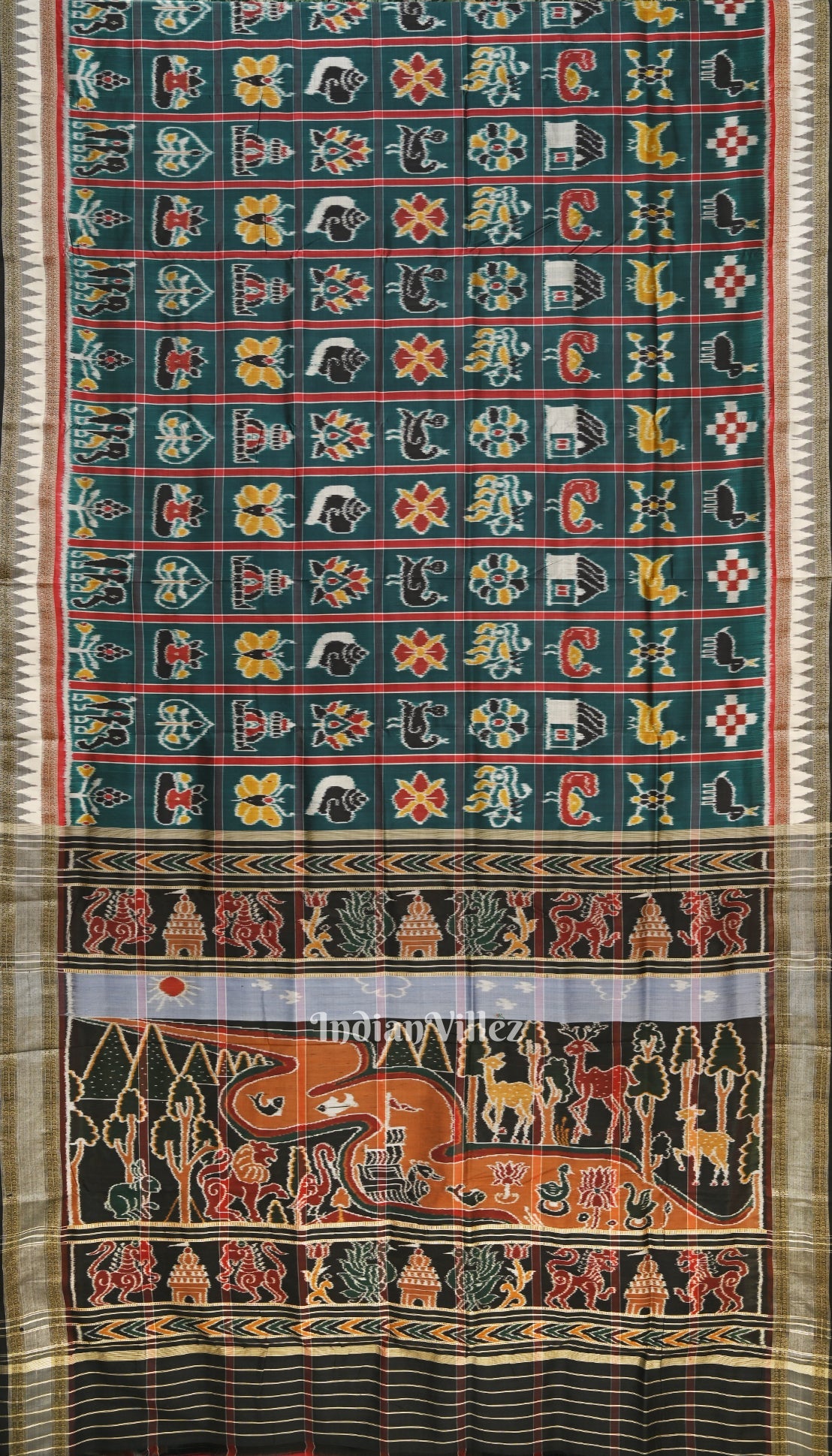 IndianVillèz Deep Sea Green Nabakothi Odisha Ikat Khandua Pata Saree